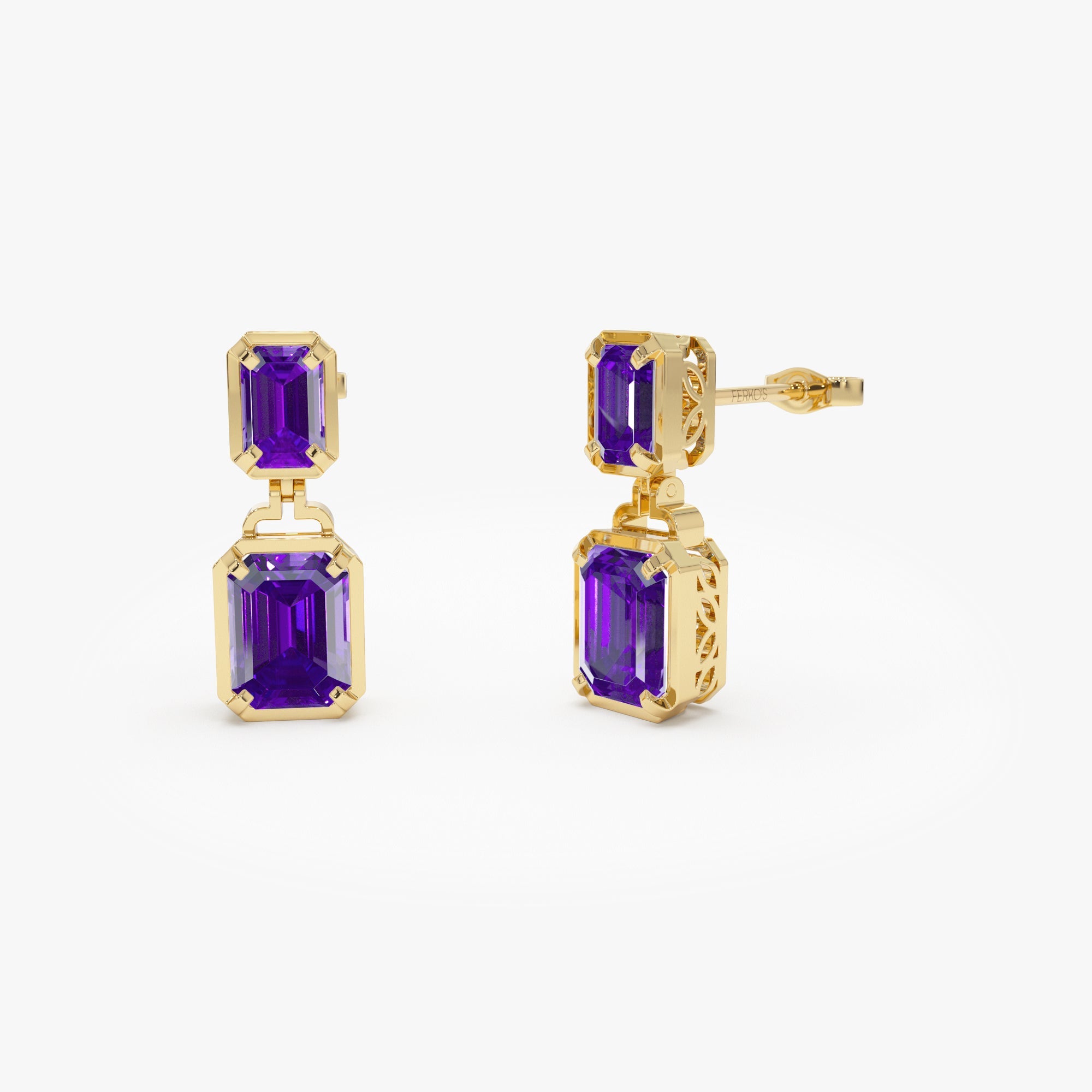 OBFJ0807 - 14K Emerald Amethyst Dangle Drop Earrings 1