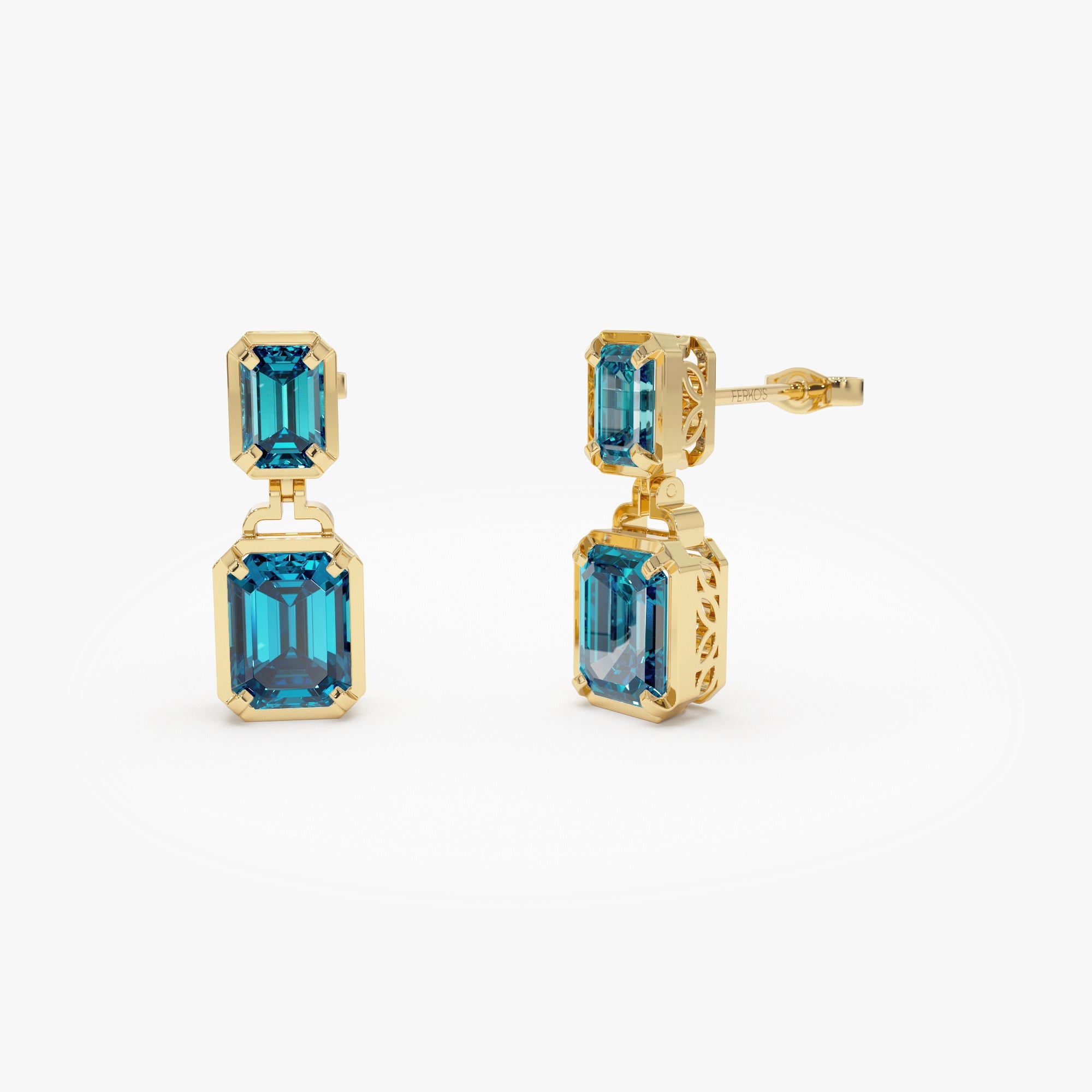 OBFJ0810 - 14K Emerald London Blue Topaz Dangle Drop Earrings 1