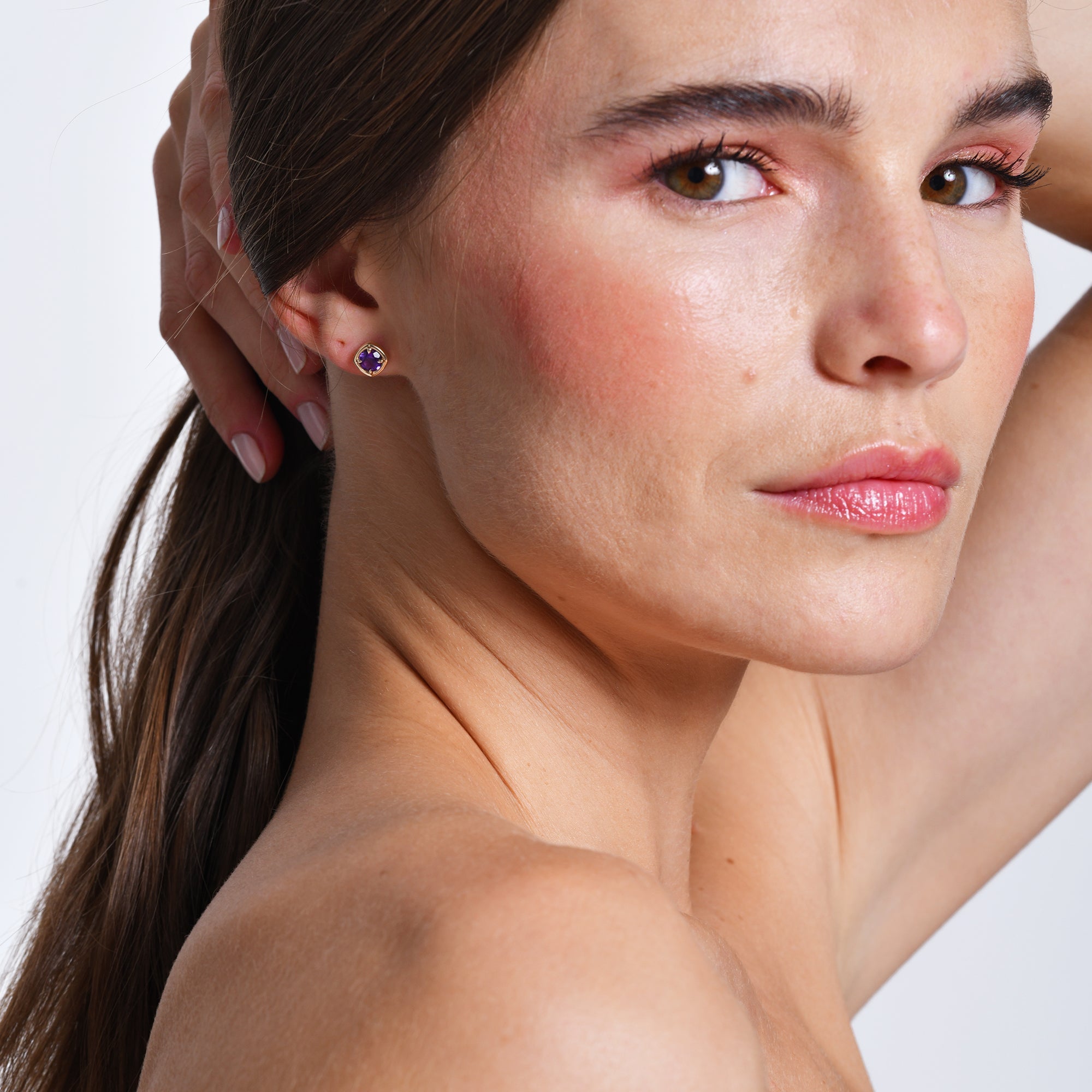 OBFJ0500 - 14K Cushion Shaped Round Amethyst Stud Earrings 3