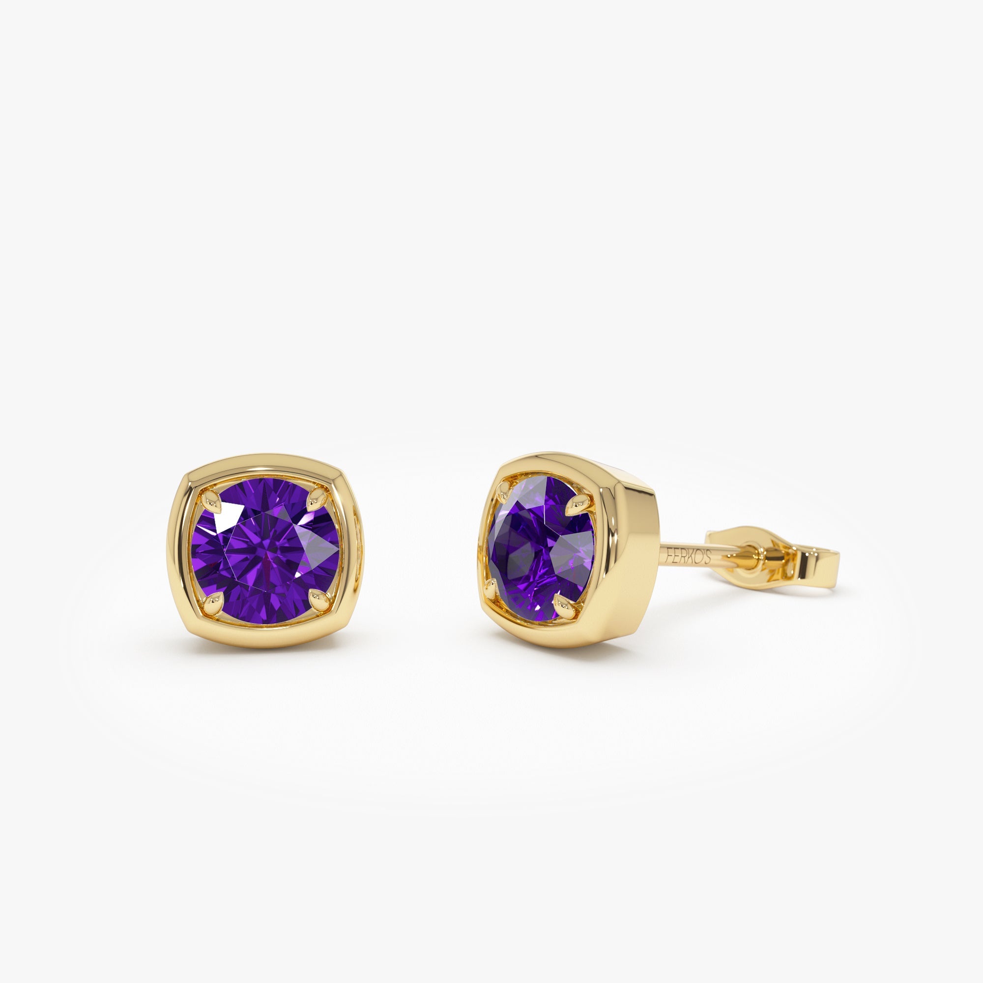 OBFJ0500 - 14K Cushion Shaped Round Amethyst Stud Earrings 1