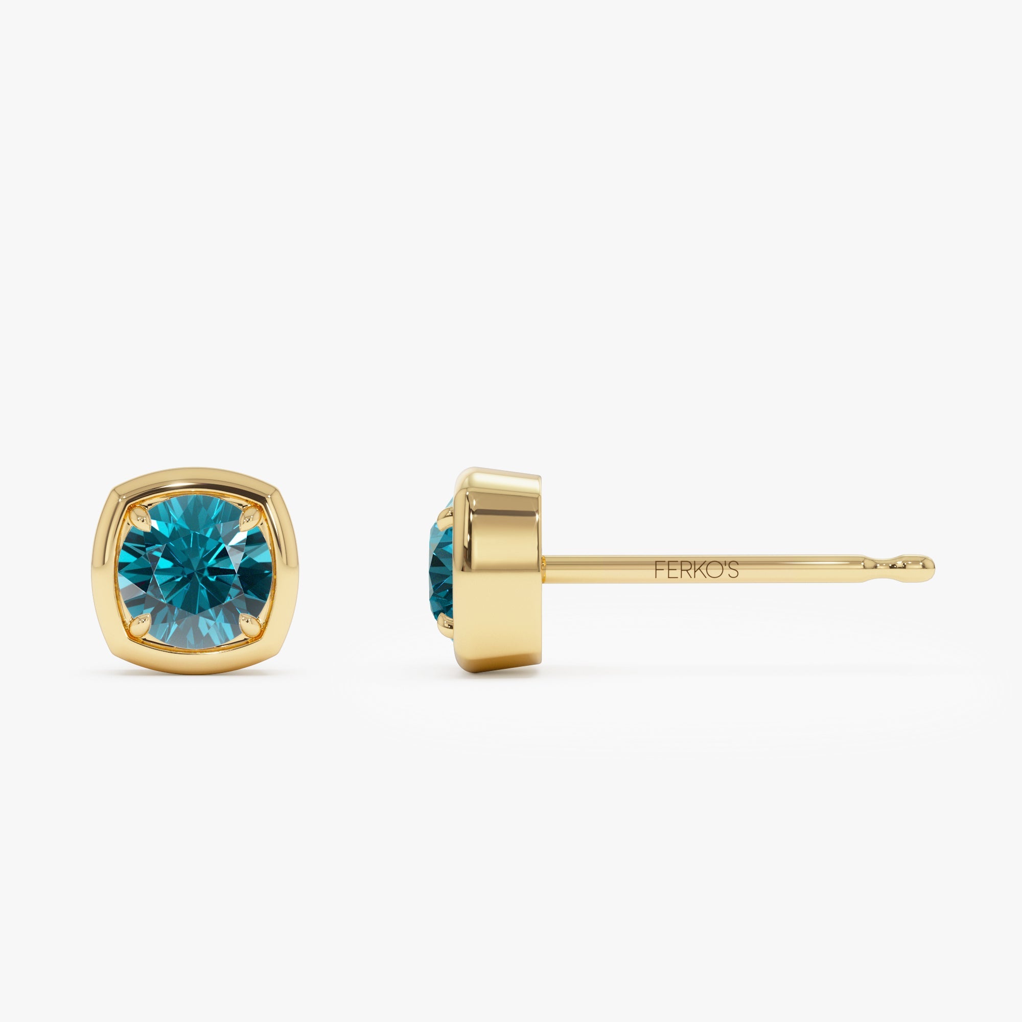 OBFJ0496 - 14K Cushion Shaped Round London Blue Topaz Stud Earrings 5