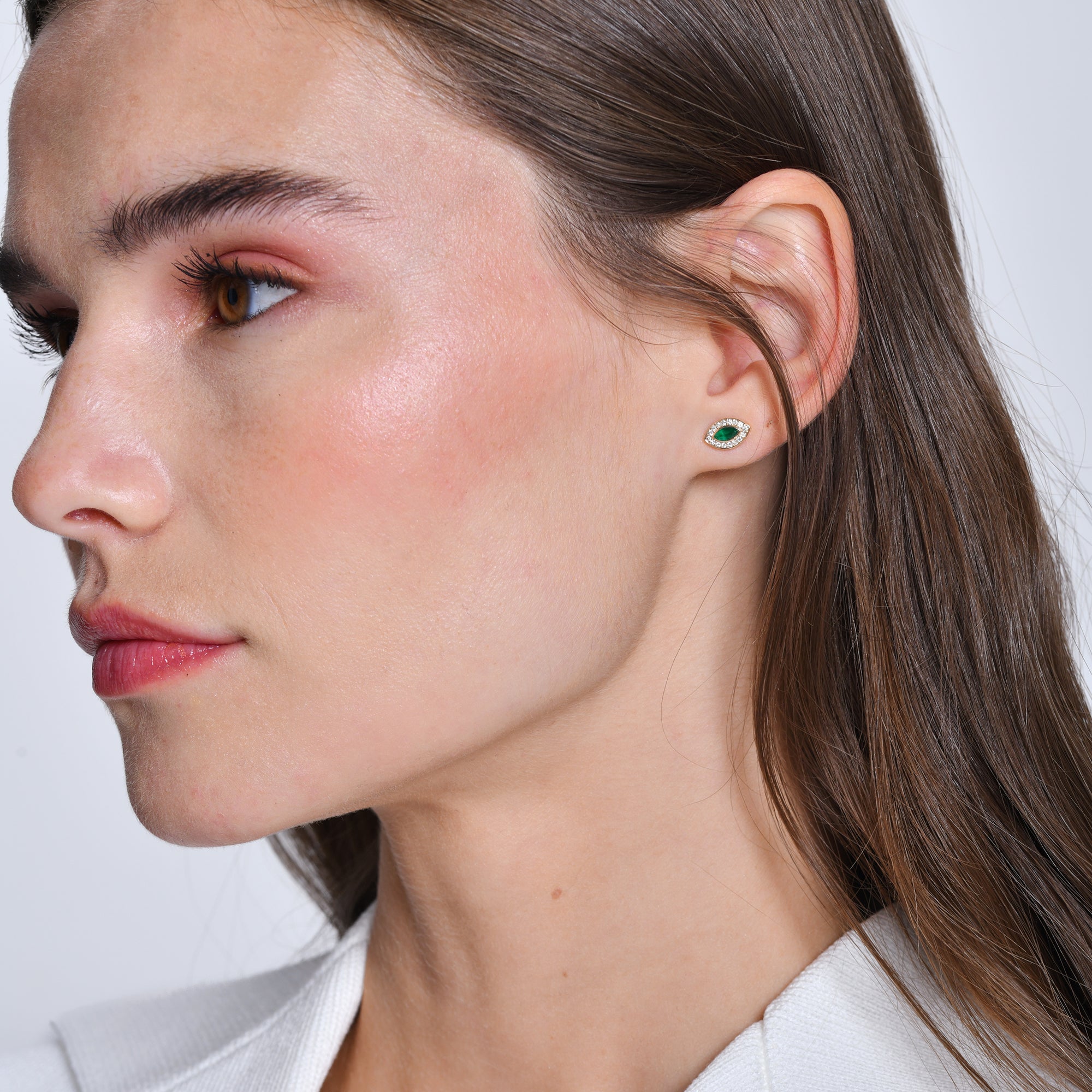 OBFJ0672 - 14k Marquise Emerald Diamond Halo Stud Earrings 2