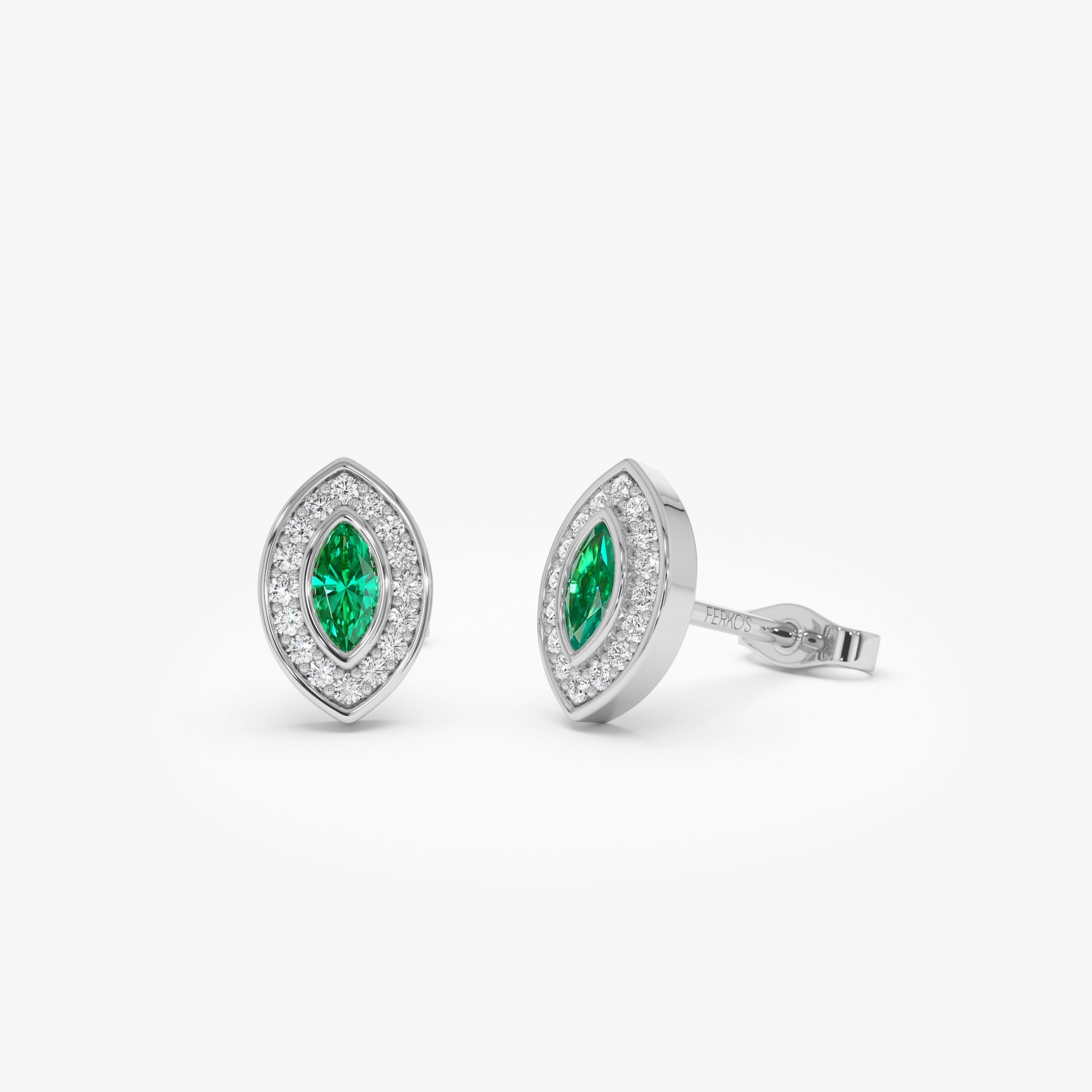 OBFJ0672 - 14k Marquise Emerald Diamond Halo Stud Earrings 5