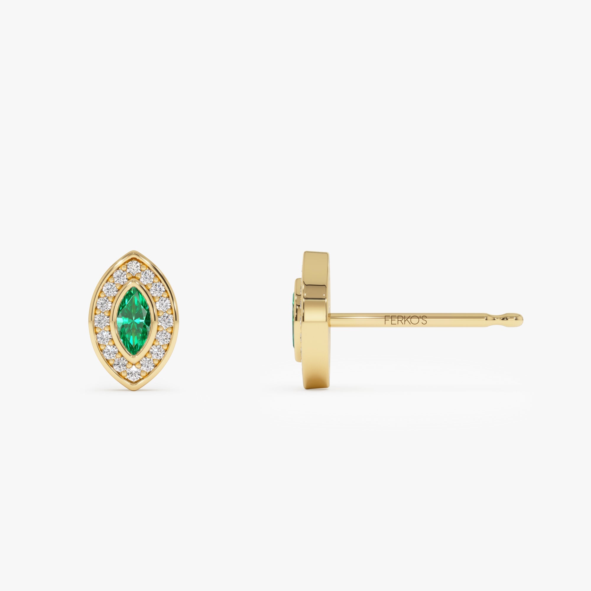OBFJ0672 - 14k Marquise Emerald Diamond Halo Stud Earrings 6