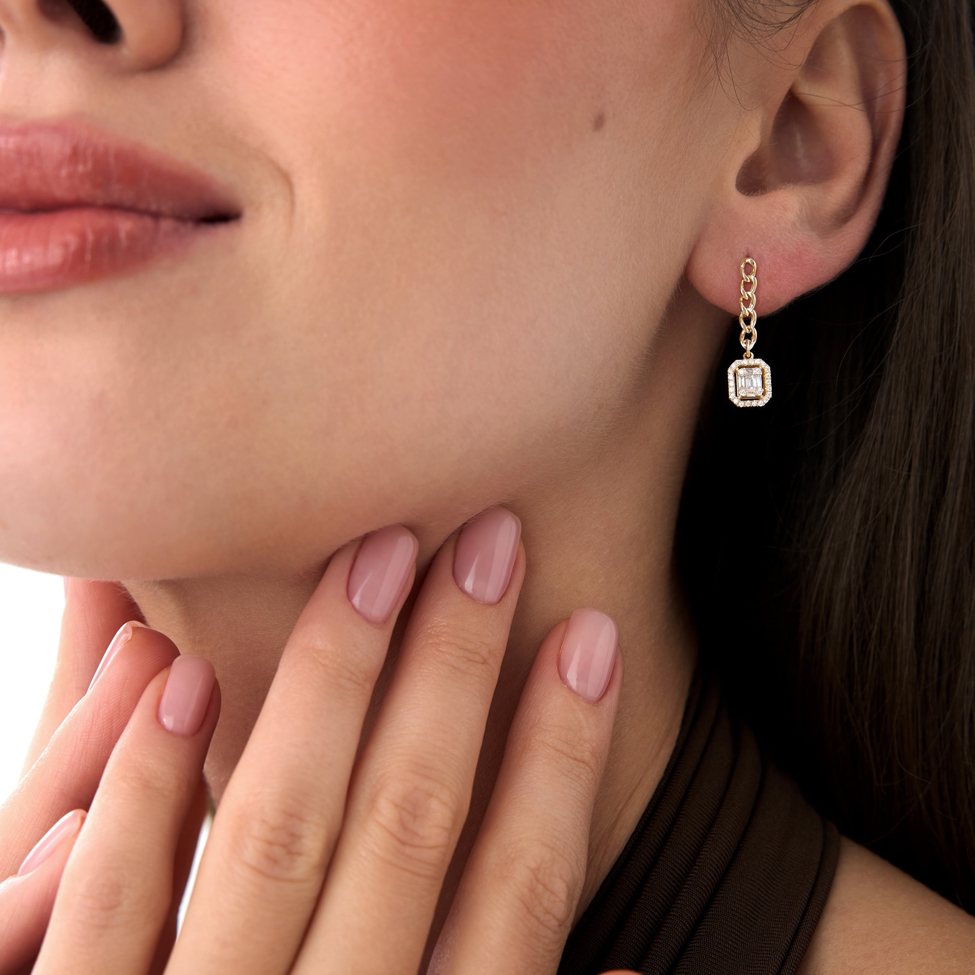 OBFJ0664 - 14k Baguette Diamond Halo Chain Earrings 2