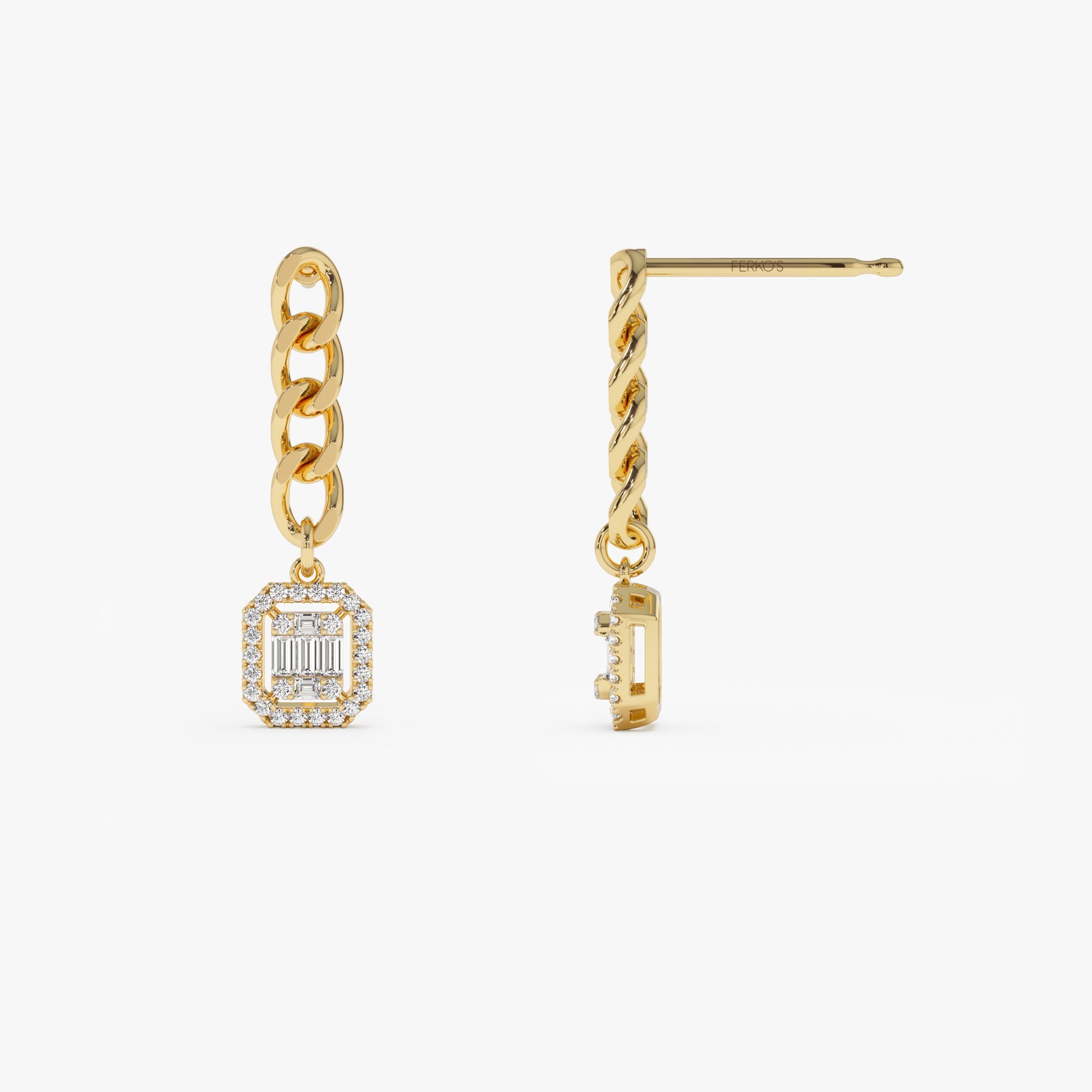 OBFJ0664 - 14k Baguette Diamond Halo Chain Earrings 5