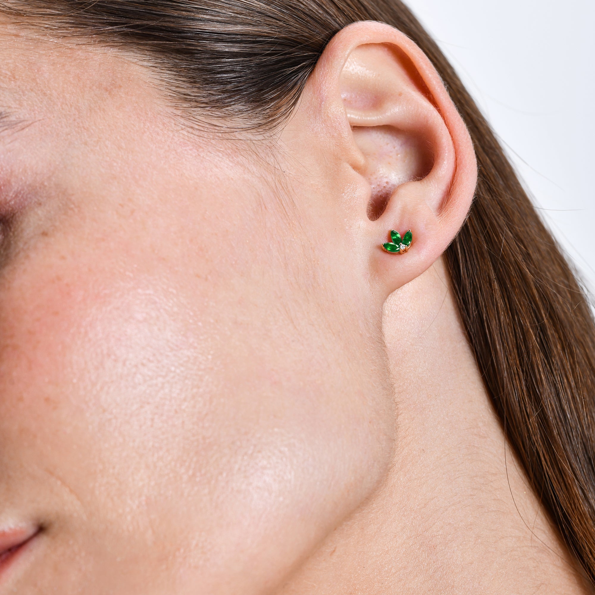 OBFJ0656 - 14k Emerald Petal and Diamond Stud Earrings 2