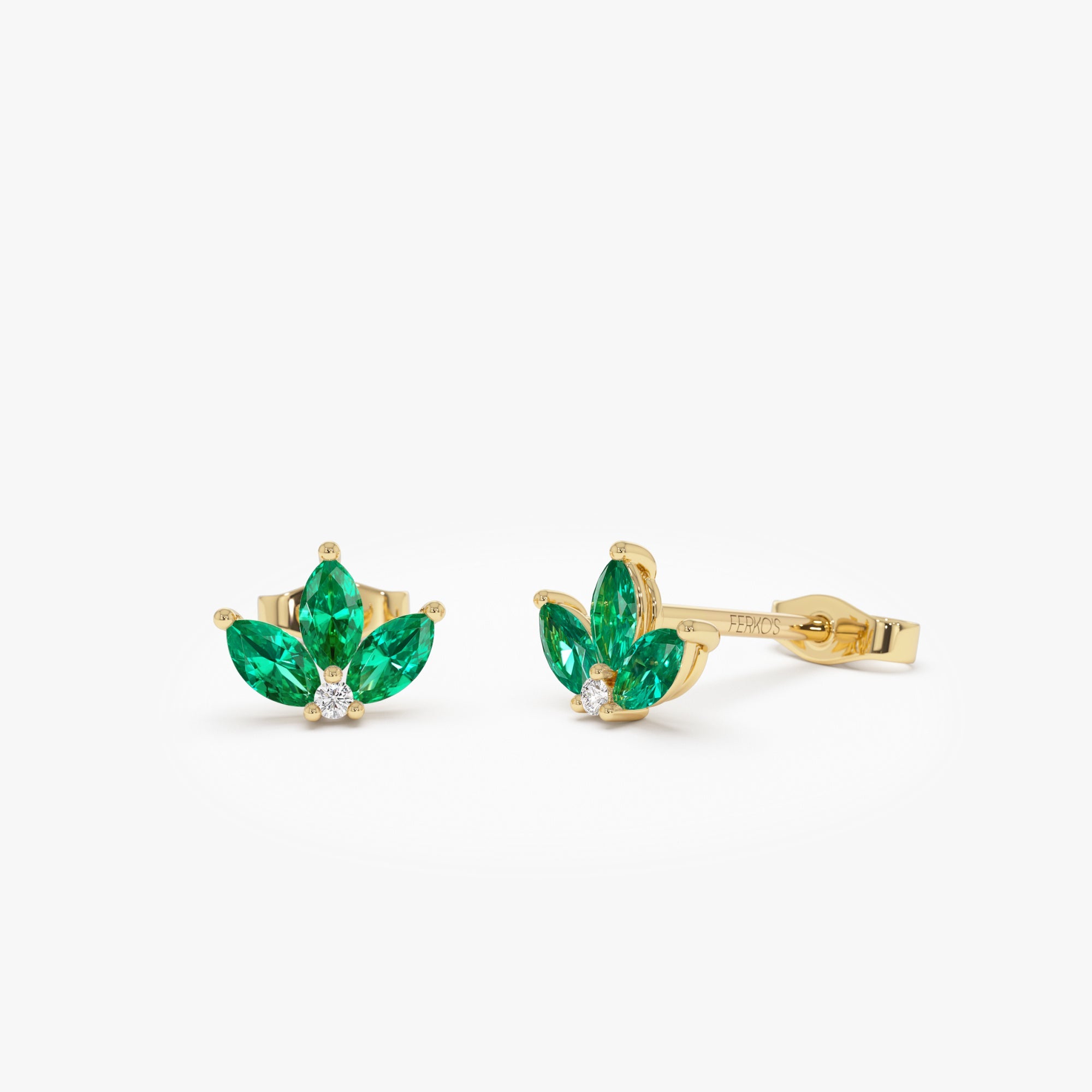 OBFJ0656 - 14k Emerald Petal and Diamond Stud Earrings 1