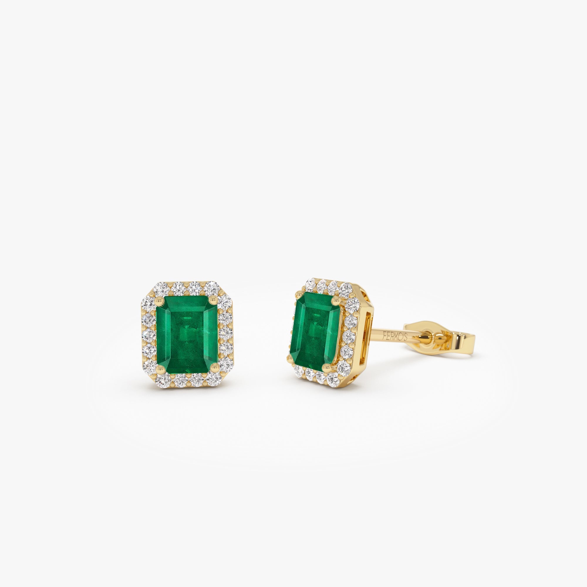 OBFJ0673 - 14k Emerald and Diamond Halo Stud Earrings 1