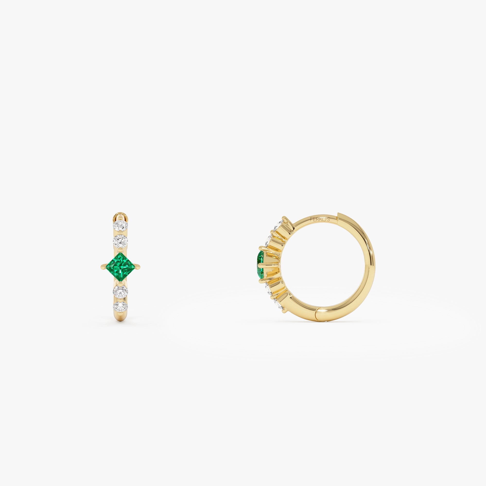 OBFJ0627 - 14k Princess Cut Emerald and Diamond Hoop Earrings 8