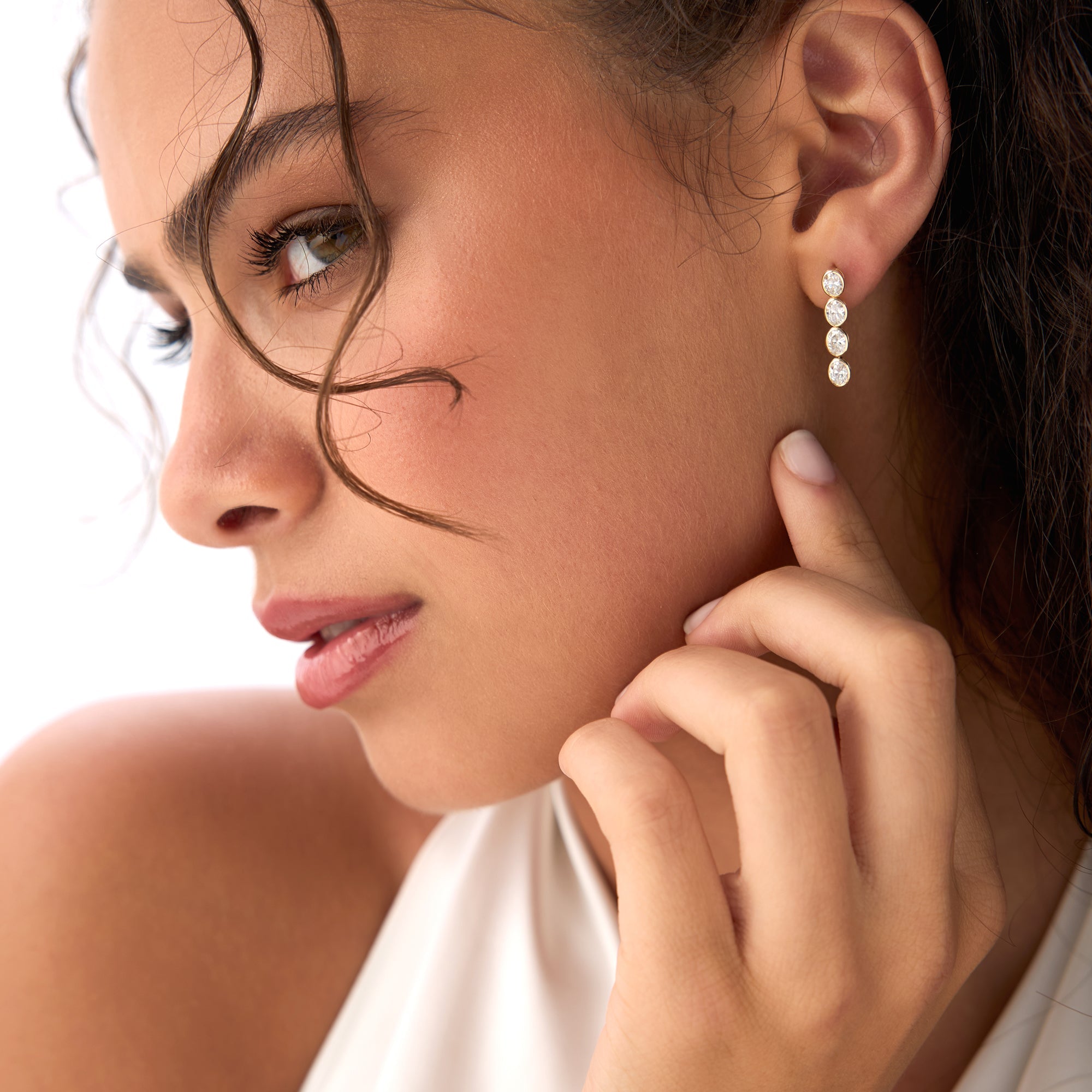 OBFJ0575 - 1.60 Ctw 14k Bezel Setting Oval Shape Lab Grown Diamond Dangling Stud Earrings - Bia 2