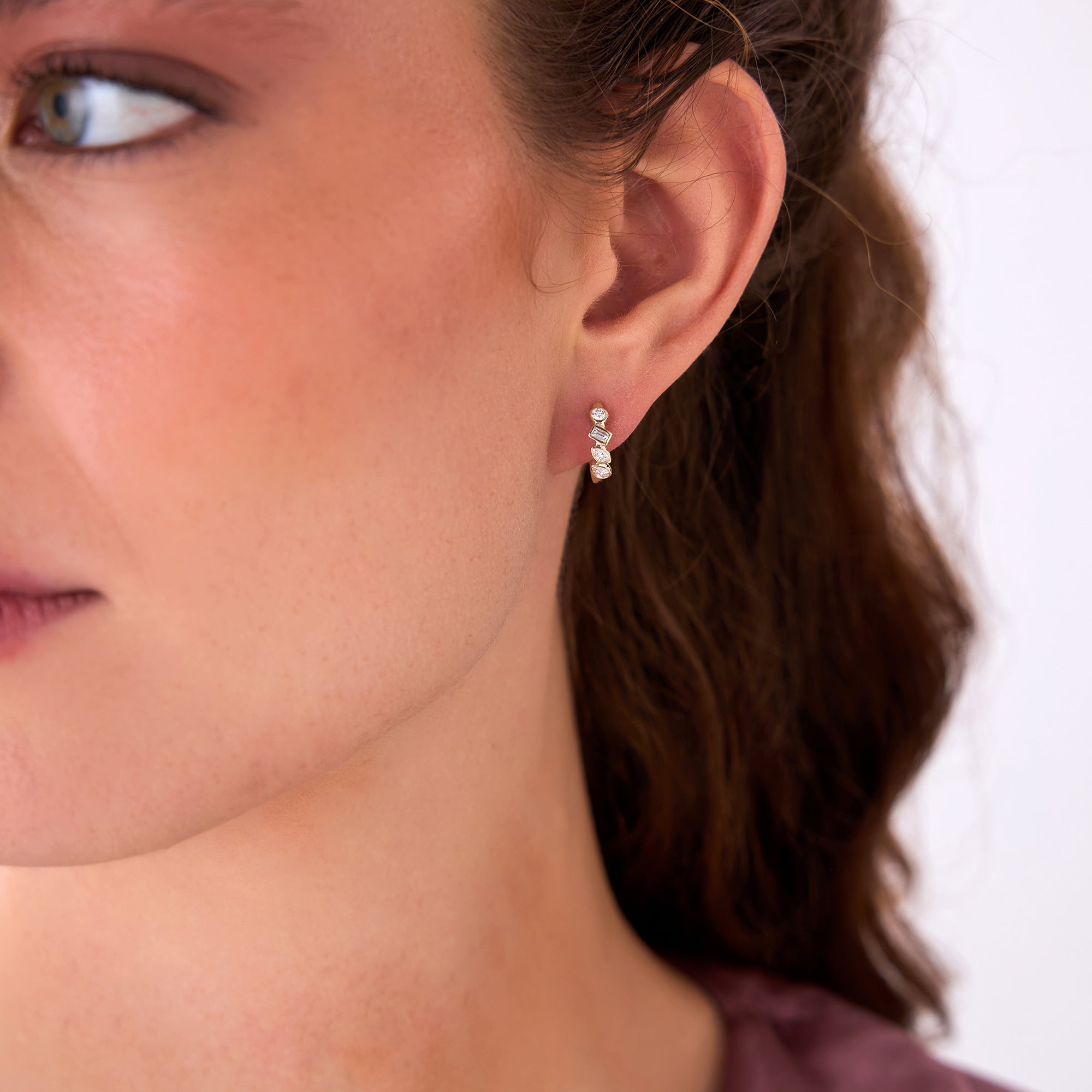 OBFJ0621 - 14k Diamond Hoop Earrings Gold Huggies with Mixed Cuts 3