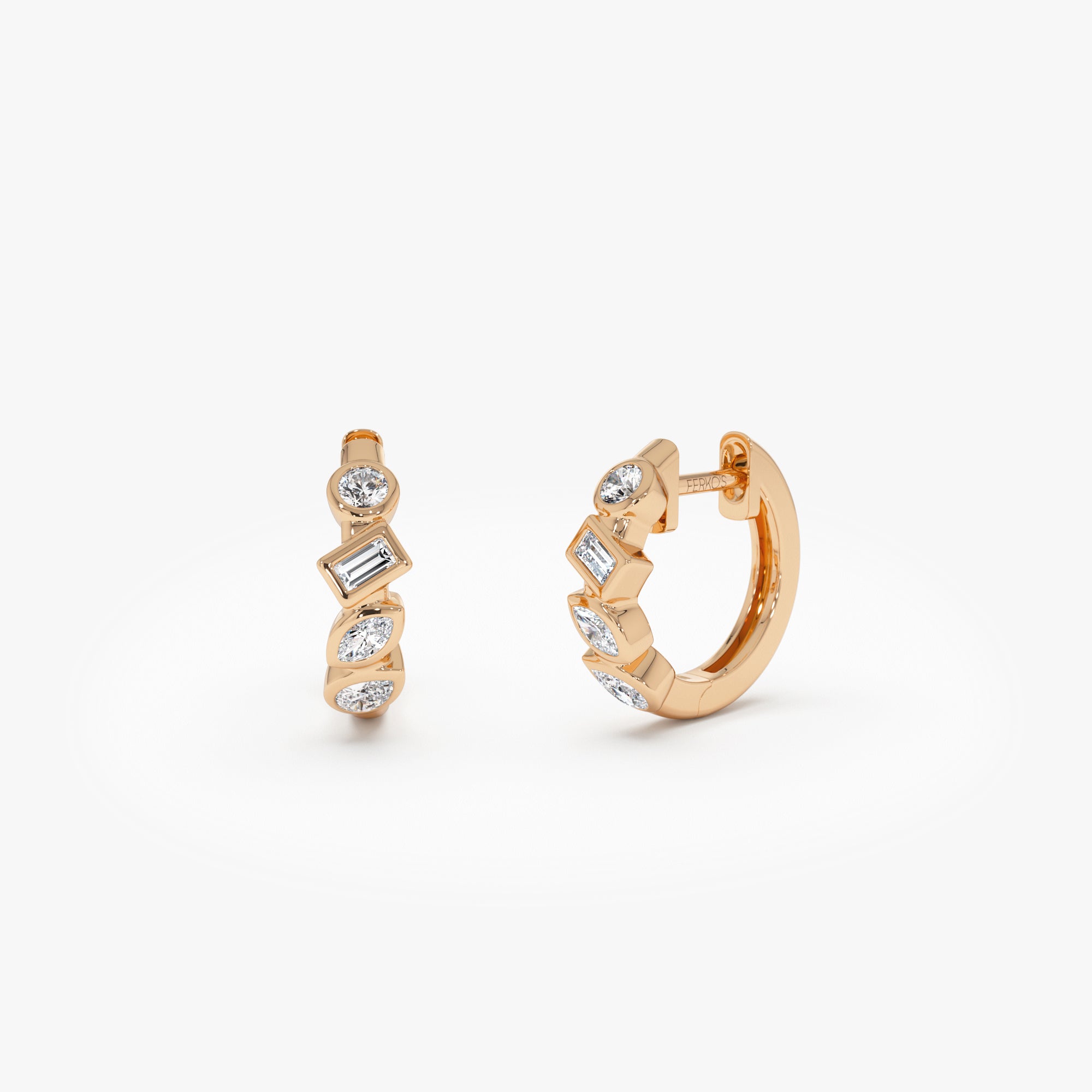 OBFJ0621 - 14k Diamond Hoop Earrings Gold Huggies with Mixed Cuts 7
