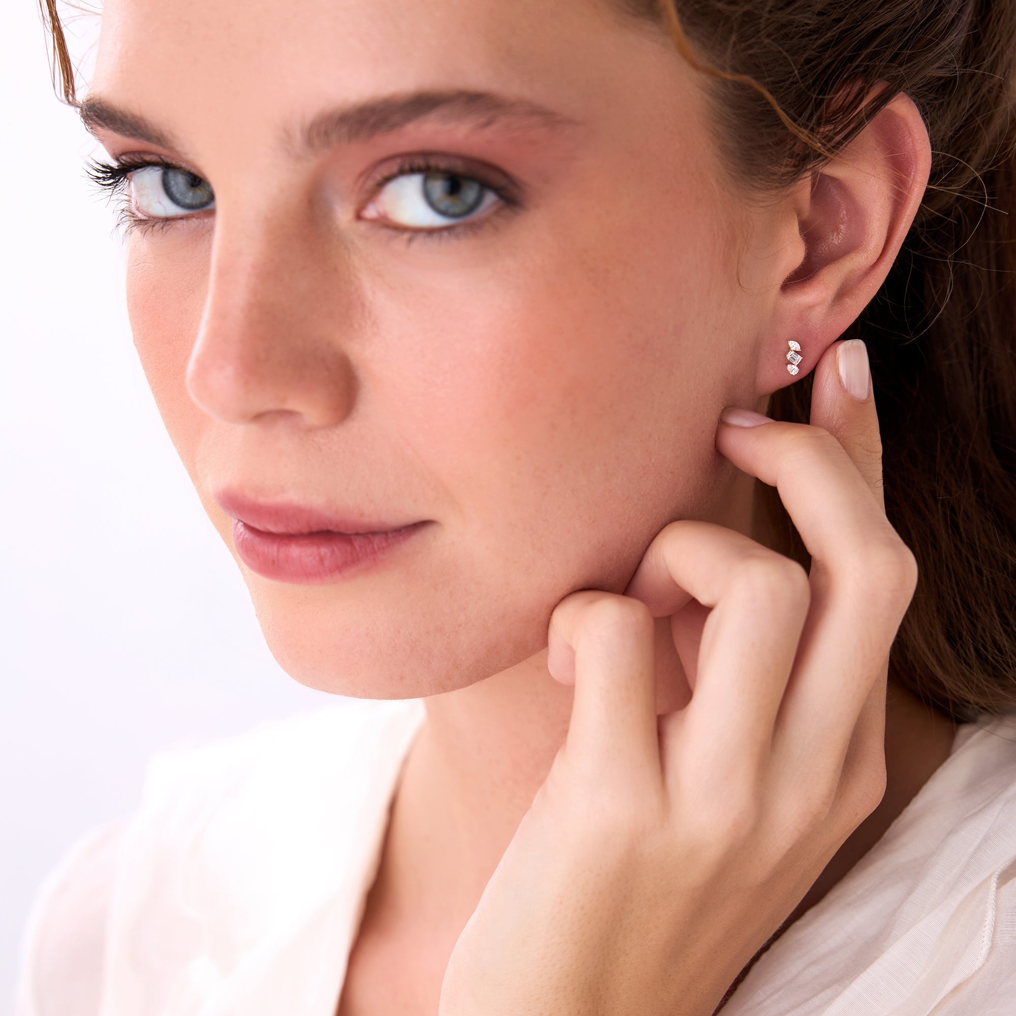 OBFJ0622 - 14k Emerald Cut Marquise and Pear Shaped Diamond Studs 4