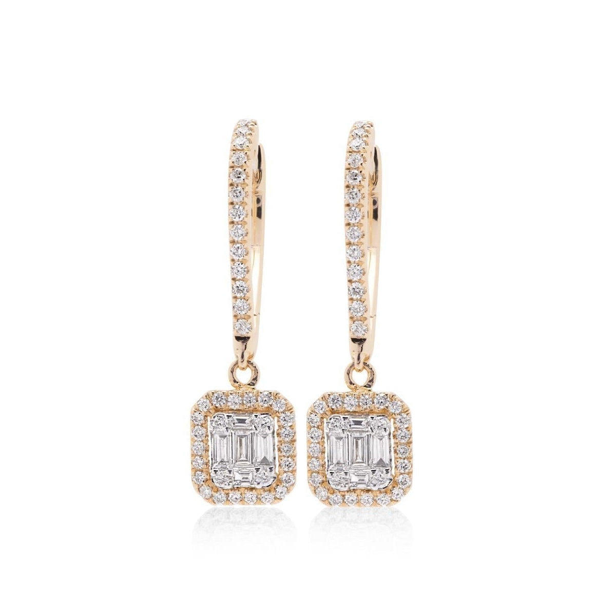 OBFJ0044 - 14K Gold Rectangular Cluster Diamond Halo Huggie Earrings 1