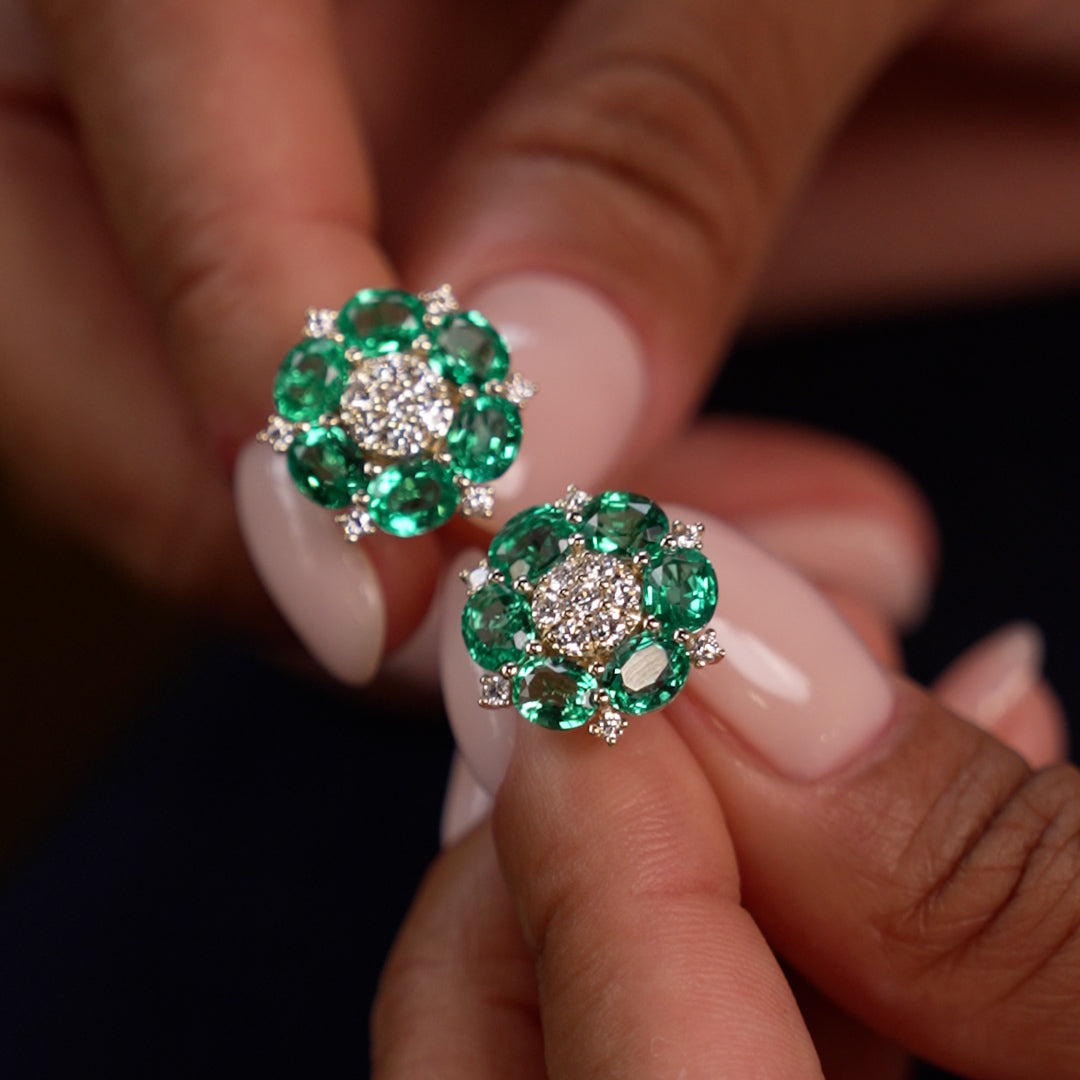 OBFJ0369 - 4.70 Ctw 14k Lab Grown Emerald and Diamond Cluster Stud Earrings - Brina 4