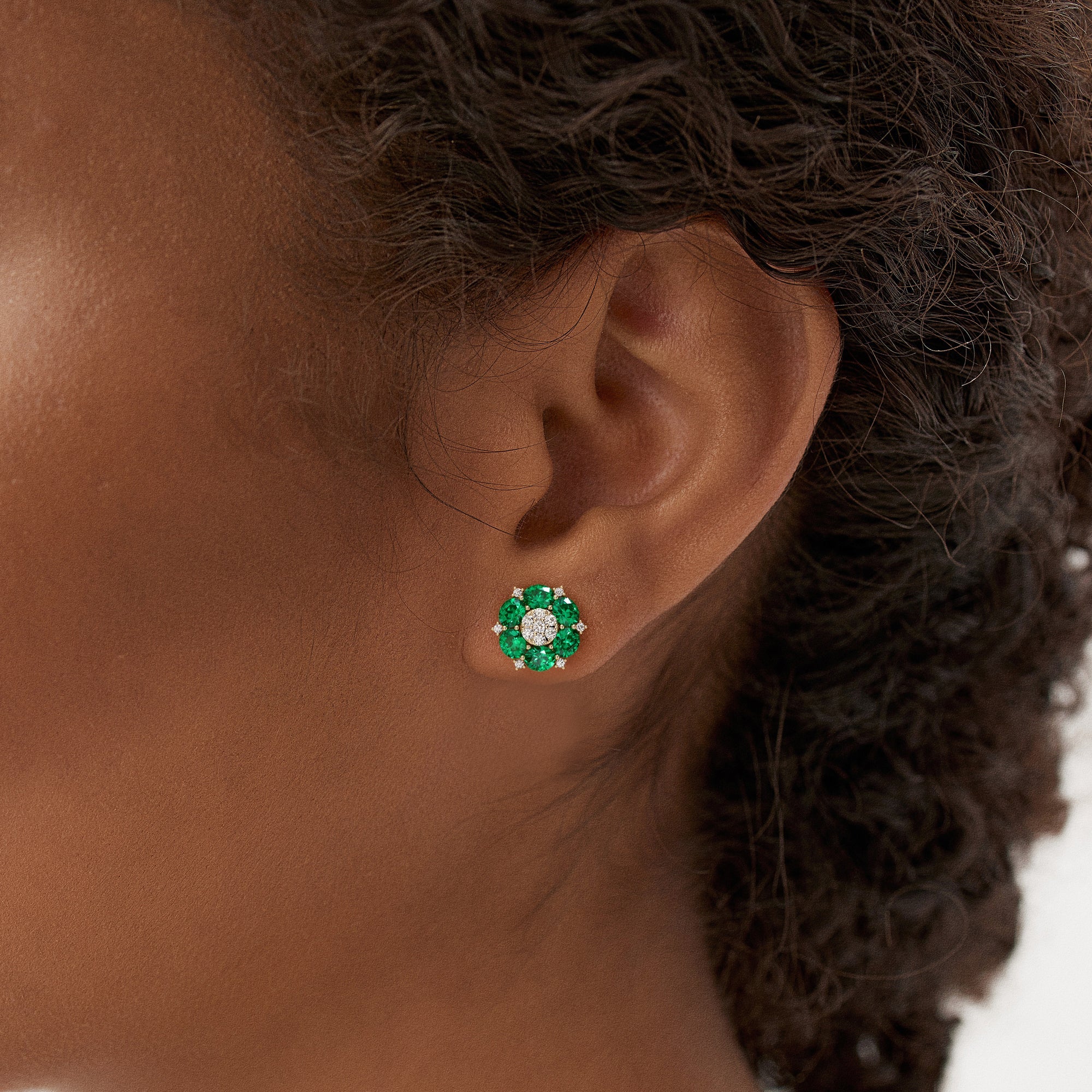 OBFJ0369 - 4.70 Ctw 14k Lab Grown Emerald and Diamond Cluster Stud Earrings - Brina 3