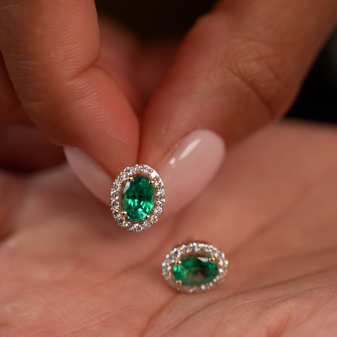 OBFJ0365 - 1.86 Ctw 14k Lab Grown Emerald and Diamond Oval Halo Stud Earrings - Edda 2