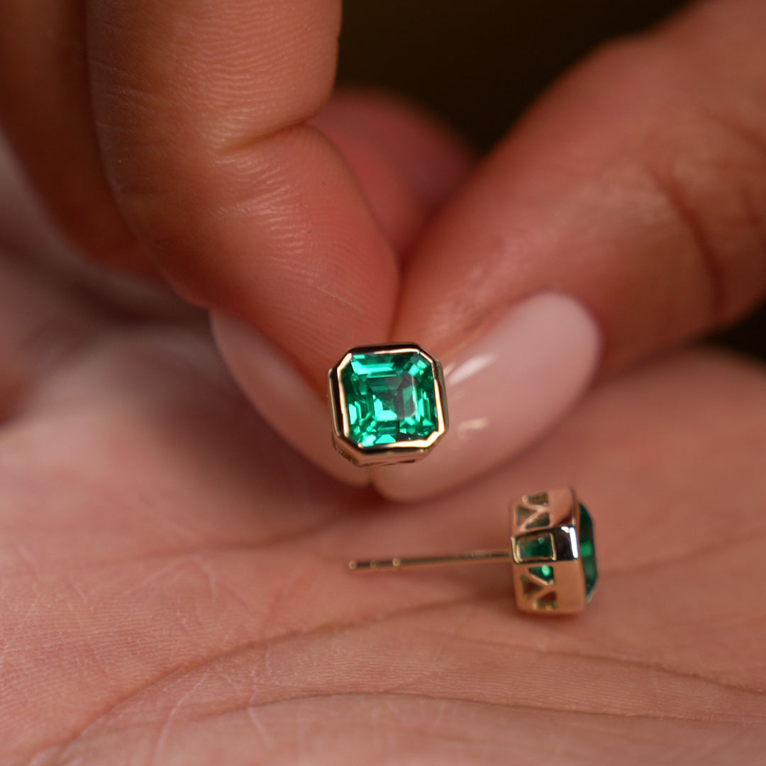 OBFJ0376 - 2.30 Ctw 14k Asscher Cut Lab Grown Colombian Emerald Bezel Stud Earrings - Enna 5