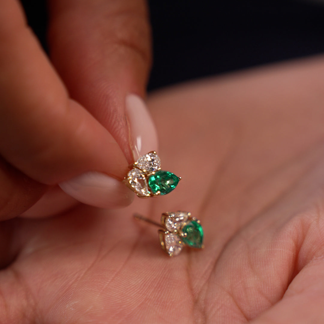 OBFJ0364 - 1.79 Ctw 14k Pear Shape Lab Grown Emerald and Diamond Stud Earrings - Fauna 5