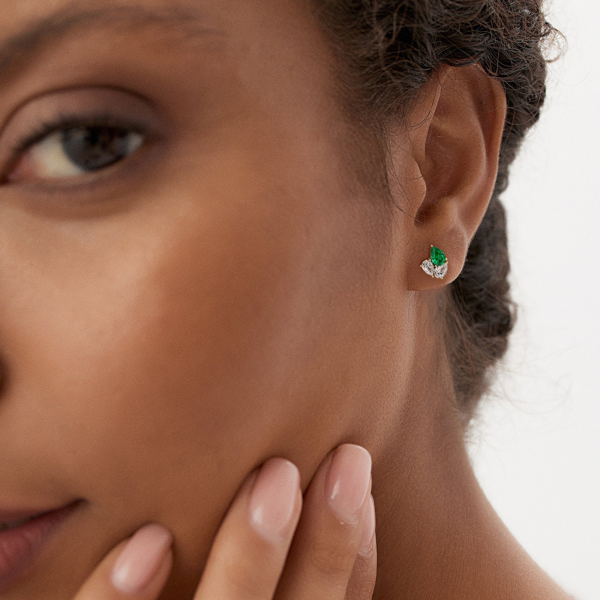 OBFJ0364 - 1.79 Ctw 14k Pear Shape Lab Grown Emerald and Diamond Stud Earrings - Fauna 3
