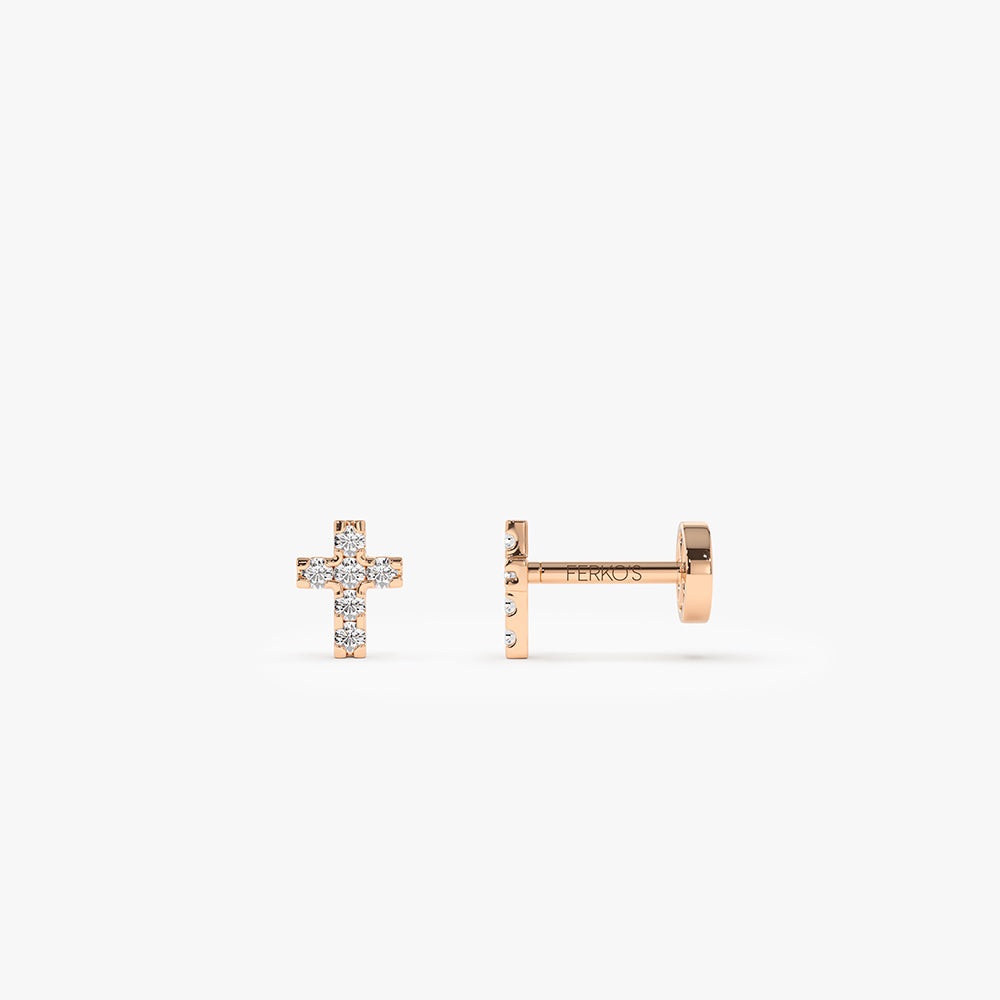 OBFJ0290 - 14K Gold Diamond Cross Flat Back Piercing Stud 3