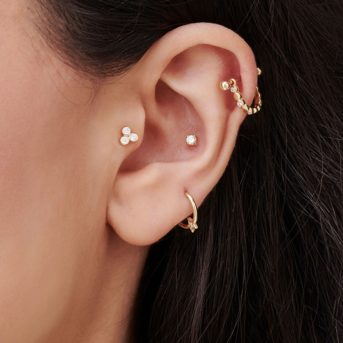 OBFJ0286 - 14K Gold Diamond Trio Internally Threaded Flat Back Stud 2