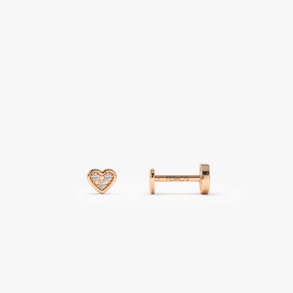 OBFJ0284 - 14K Gold Pave Diamond Heart Internally Threaded Flat Back Stud 3