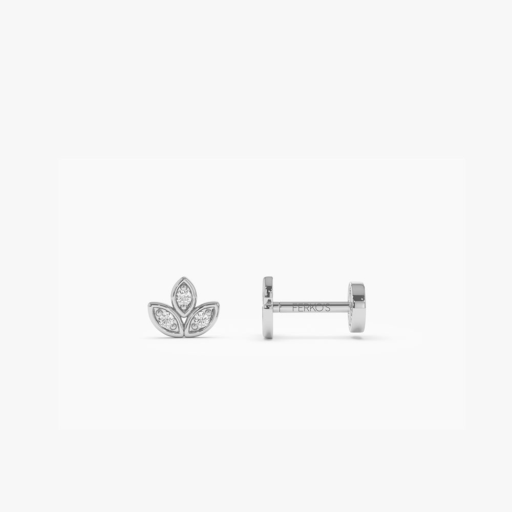 OBFJ0279 - 14K Gold Leaf Shape Diamond Cluster Flat Back Stud 3