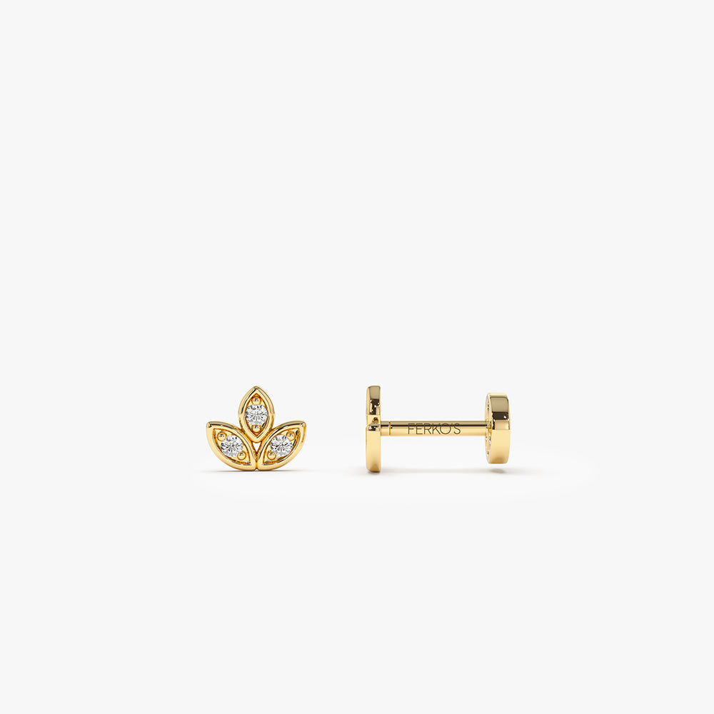 OBFJ0279 - 14K Gold Leaf Shape Diamond Cluster Flat Back Stud 1
