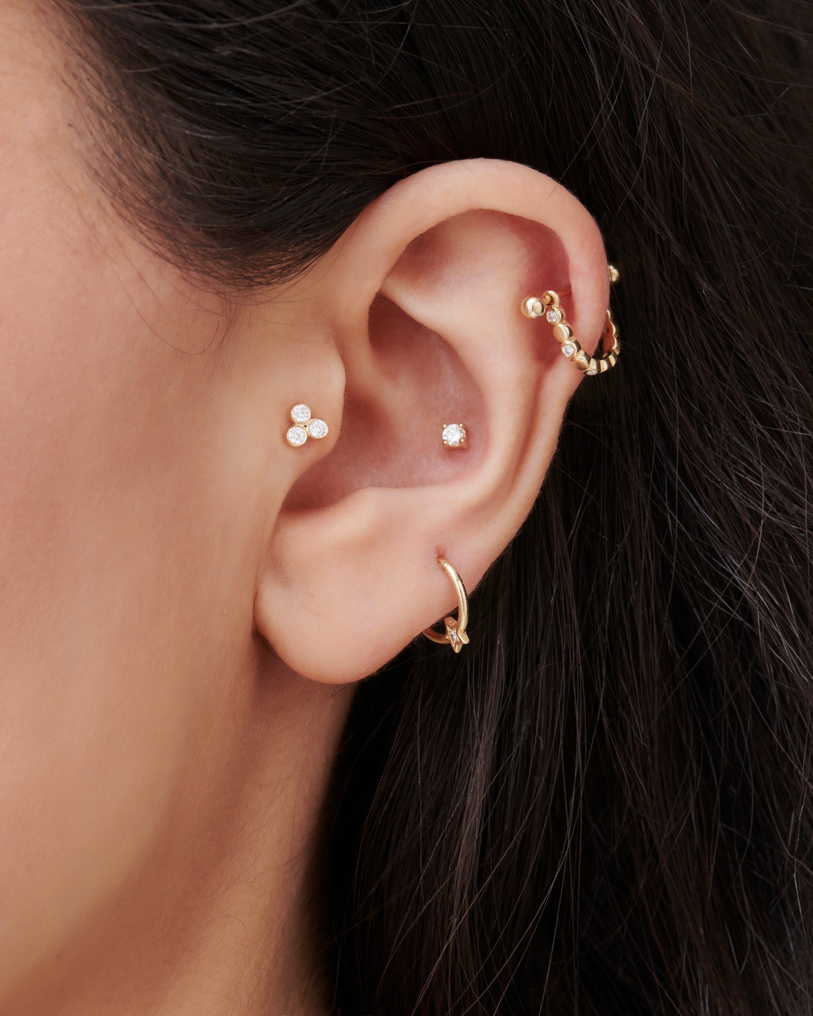OBFJ0093 - 14K Gold Diamond Star Eternity Hoop Earring 2