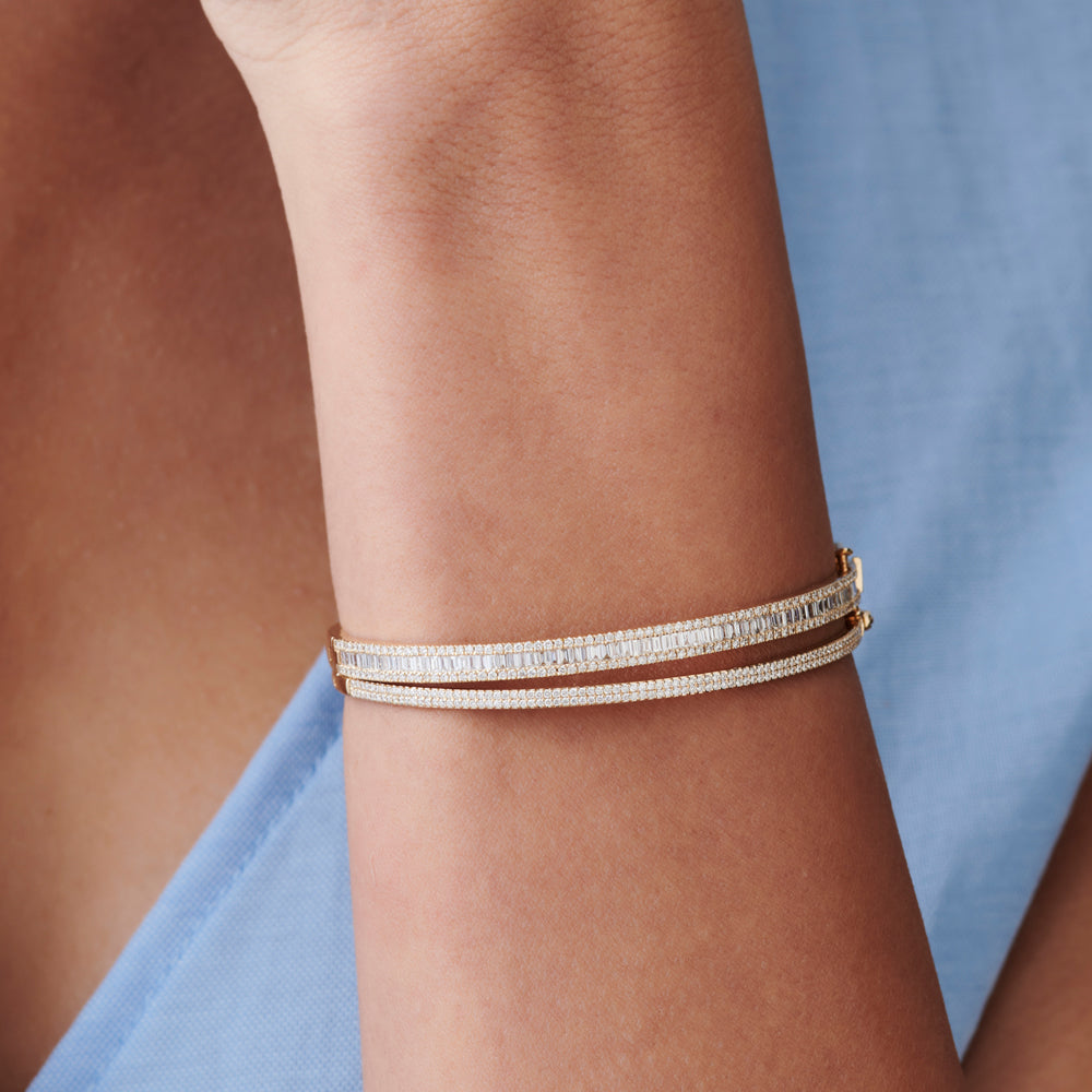 OBFJ1452 - 14k Baguette and Round Brilliant Micro Pave Statement Bangle Bracelet 9