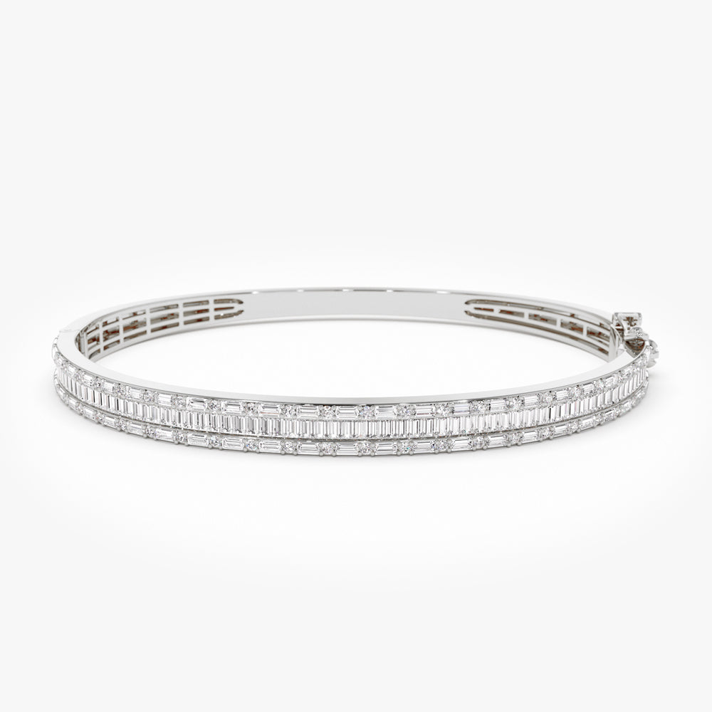 OBFJ1452 - 14k Baguette and Round Brilliant Micro Pave Statement Bangle Bracelet 3