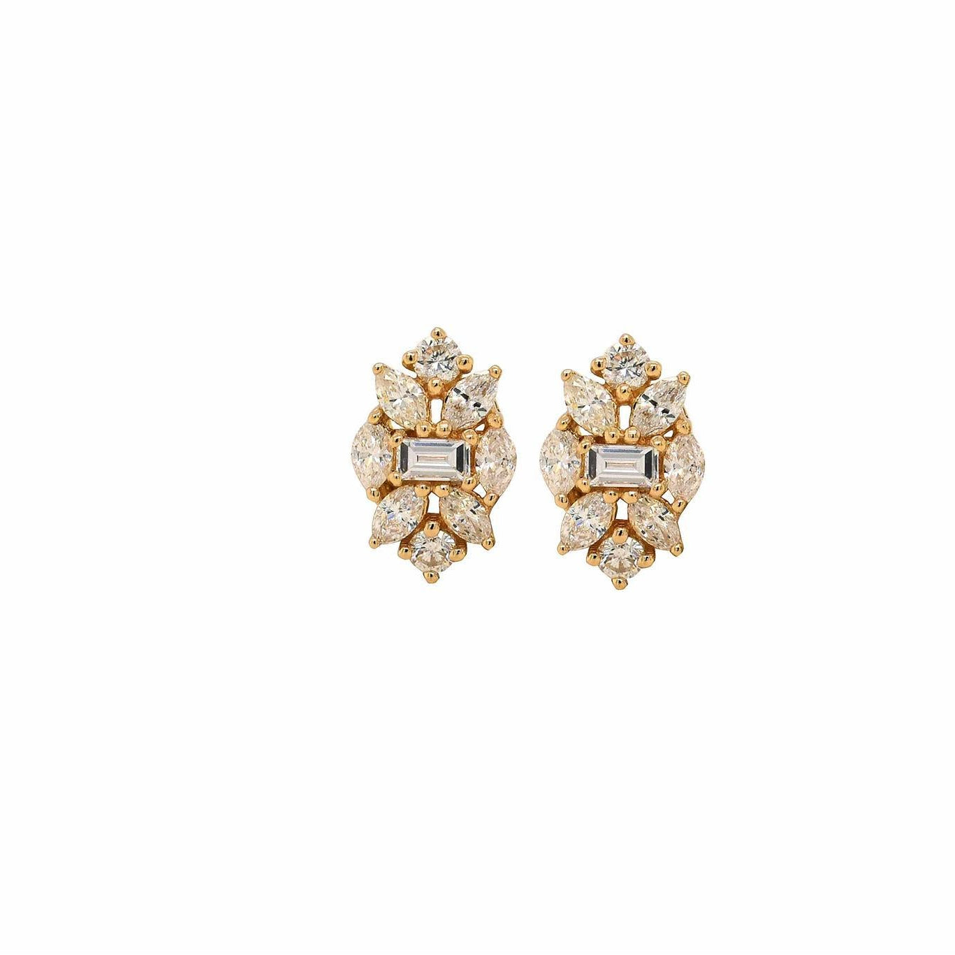 OBFJ0046 - 14K Gold Baguette Diamond Flower Stud Earrings 1