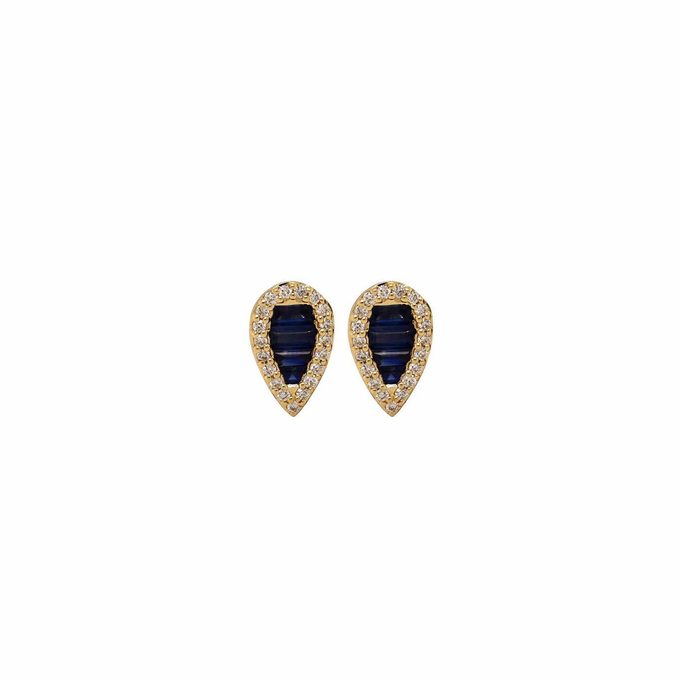 OBFJ0050 - 14K Gold Baguette Blue Sapphire and Round Diamond Halo Stud Earrings 1