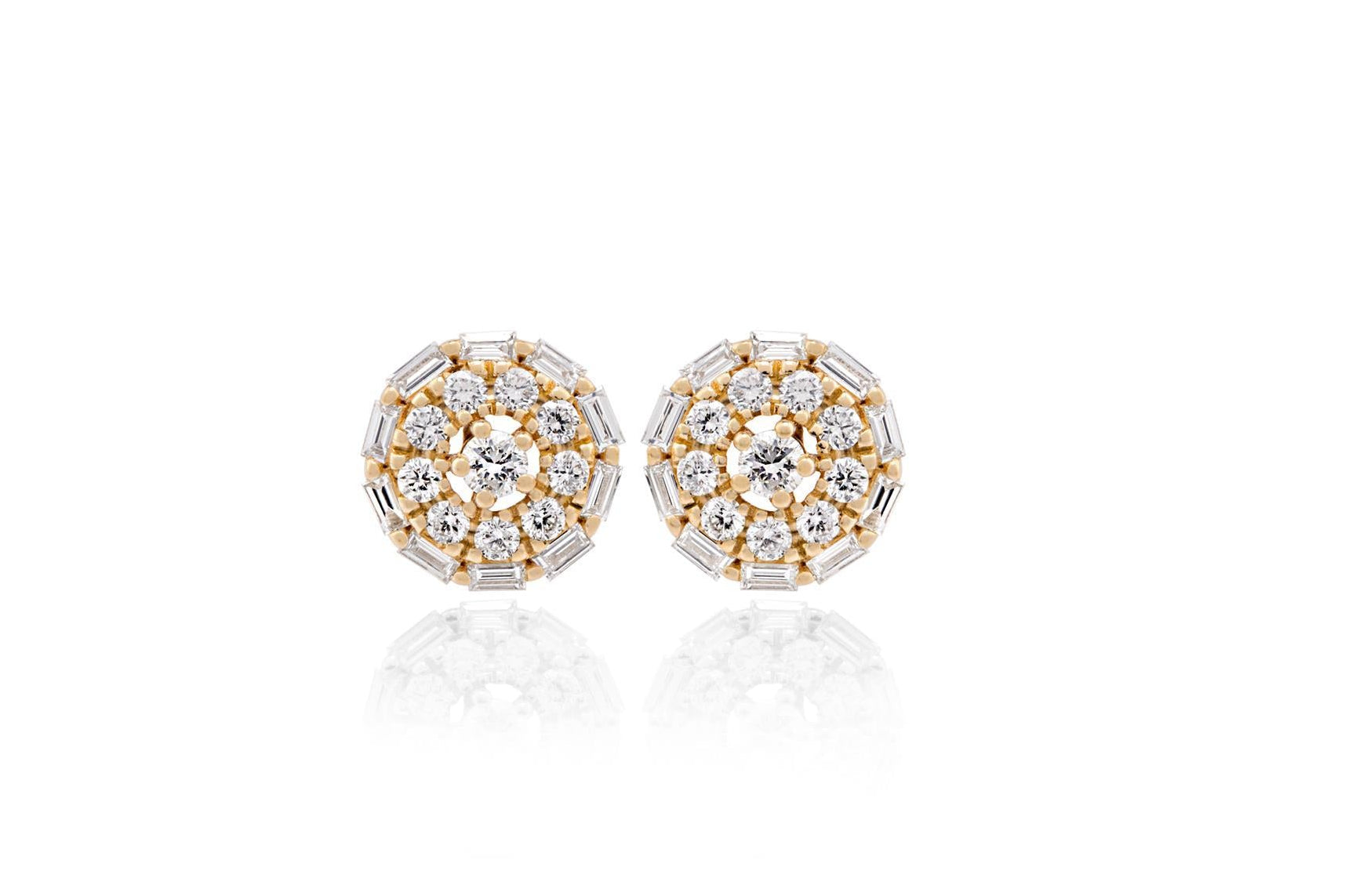 OBFJ0056 - 14k Gold Baguette Halo and Cluster Round Diamond Stud Earrings 1