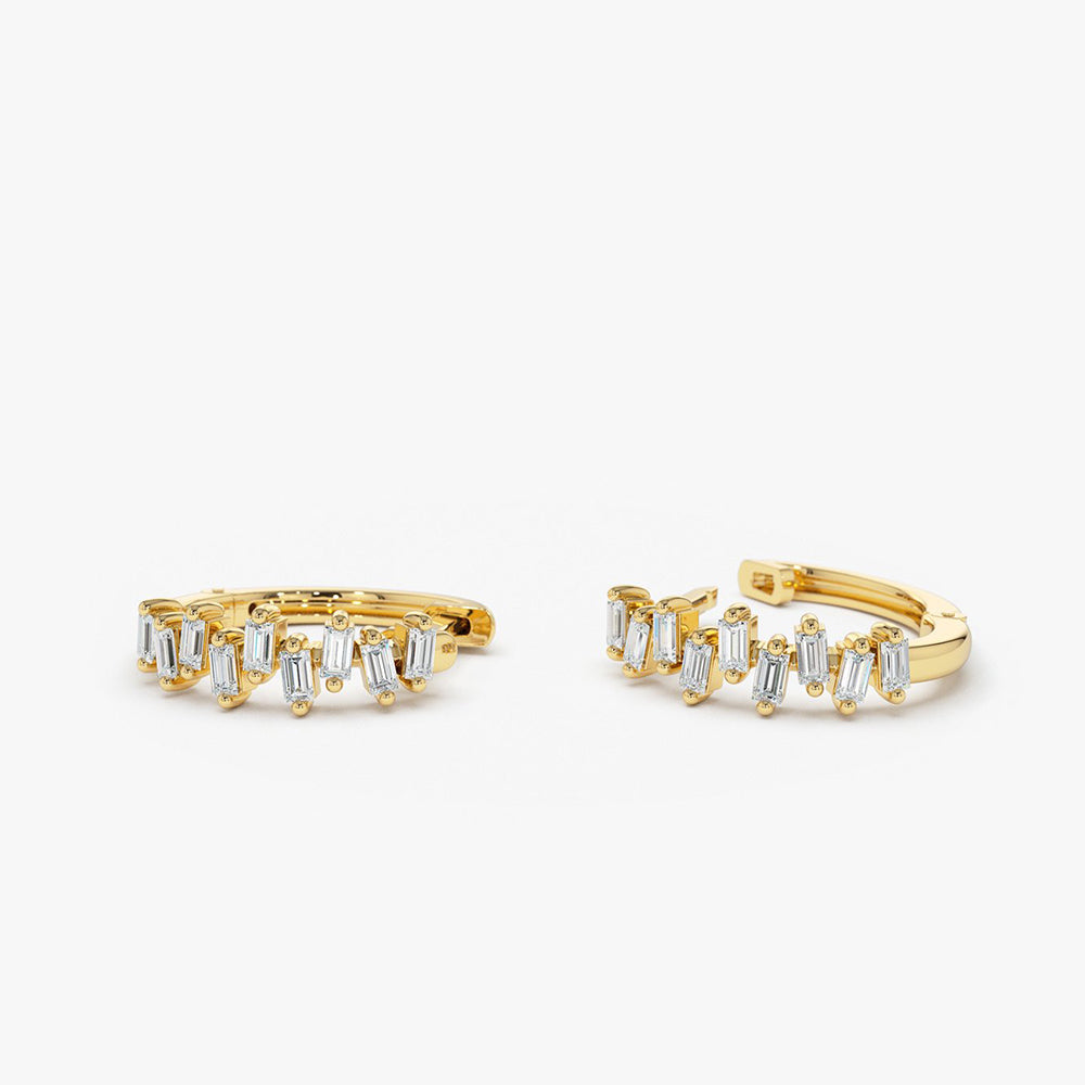 OBFJ1829 - 14K Gold Horizontal Set Mini Baguette Diamond Huggie 7