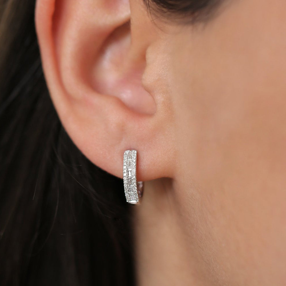 OBFJ1900 - 14K Pave Diamonds and Baguette Hoop Earrings 4