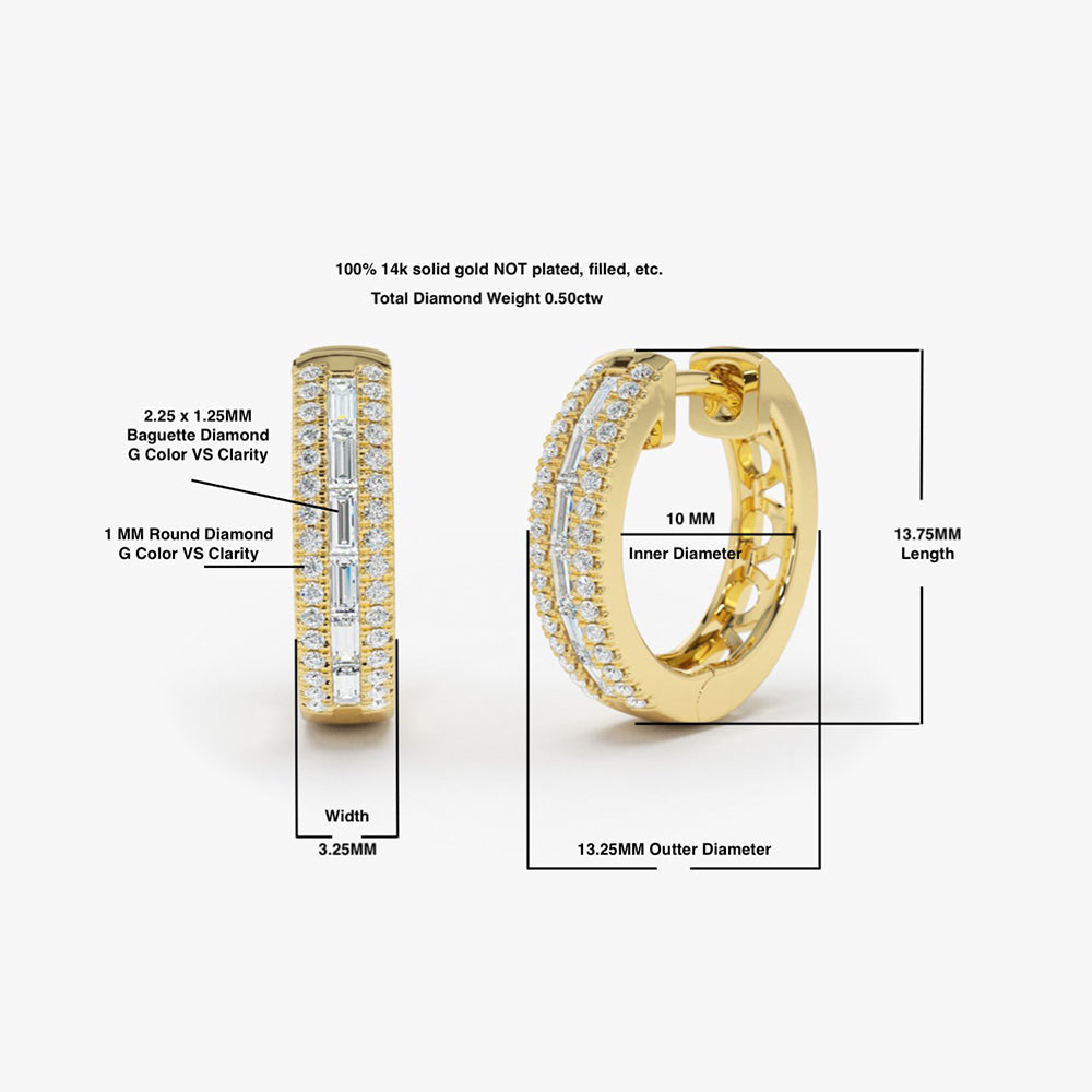 OBFJ1900 - 14K Pave Diamonds and Baguette Hoop Earrings 6