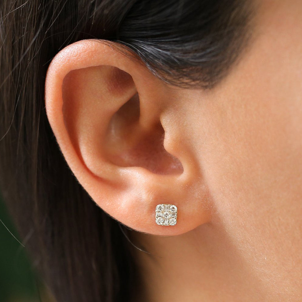 OBFJ1980 - 14k Square Baguette and Round Diamond Earrings 2