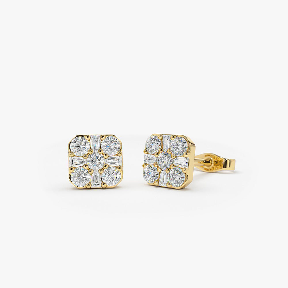 OBFJ1980 - 14k Square Baguette and Round Diamond Earrings 1