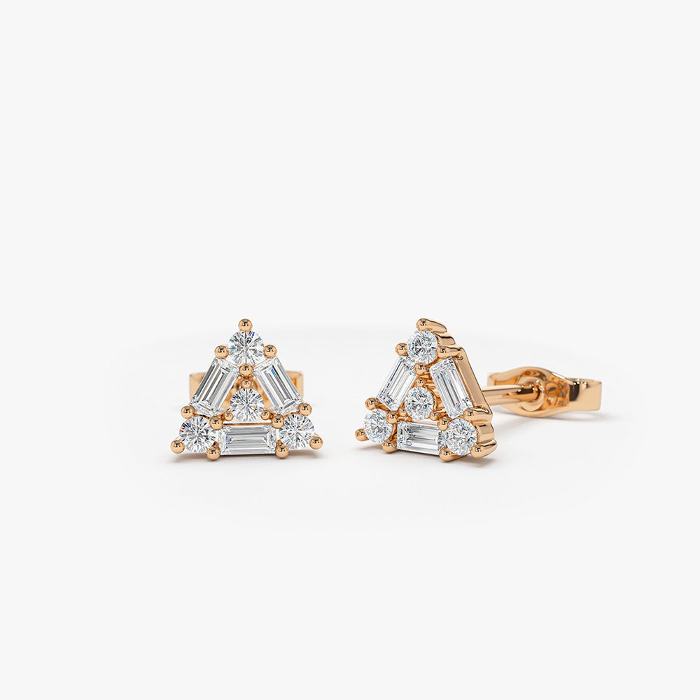 OBFJ1931 - 14k Triangle Shaped Round & Baguette Diamond Studs 3