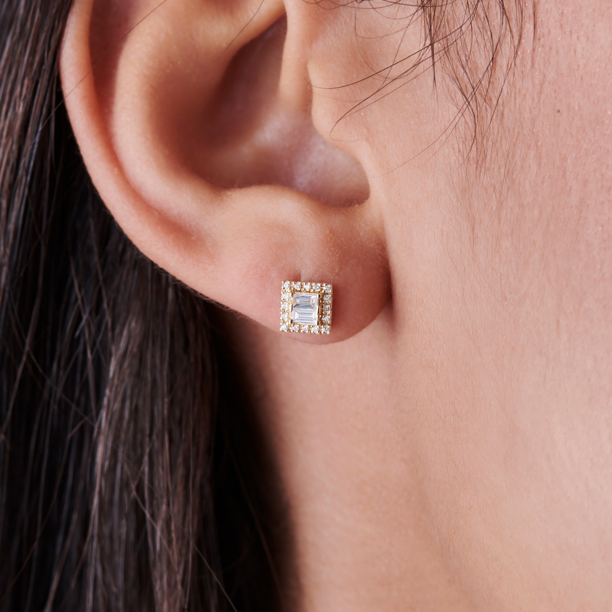OBFJ0748 - 14k Baguette Diamond Studs in Halo Setting 2