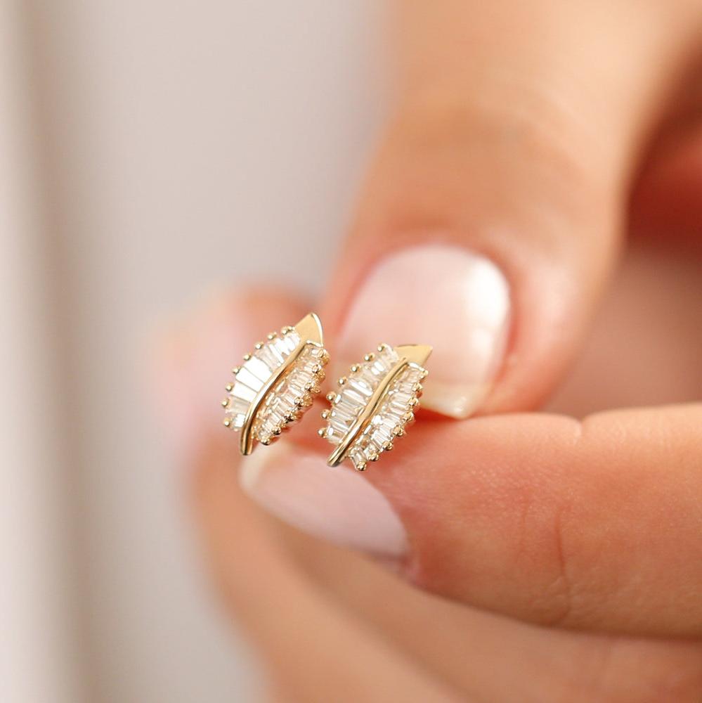 OBFJ0154 - 14k Rose Baguette Diamond Leaf Earrings 3