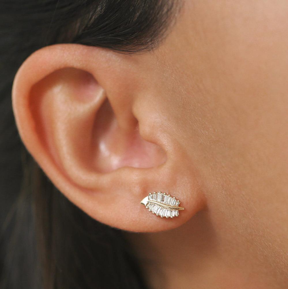 OBFJ0294 - 14k Baguette Diamond Leaf Earrings 2