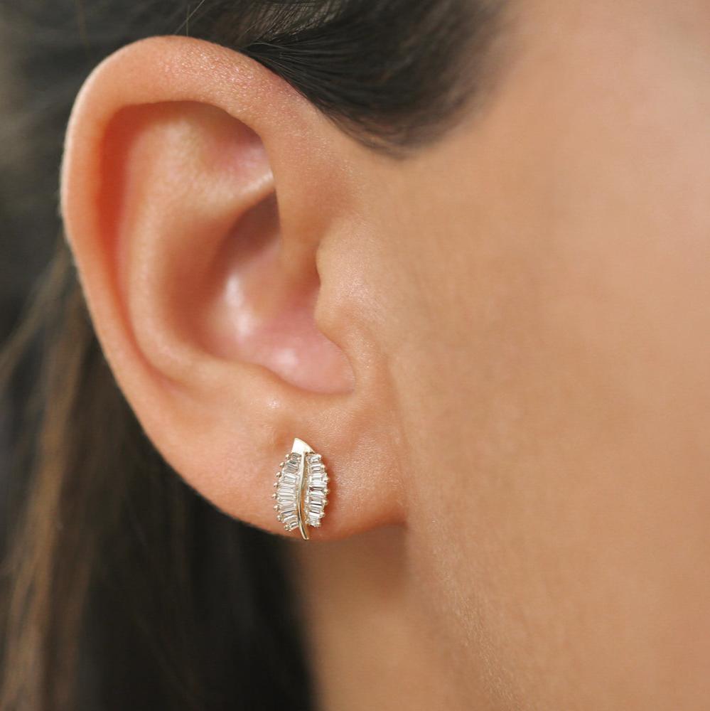 OBFJ0294 - 14k Baguette Diamond Leaf Earrings 4