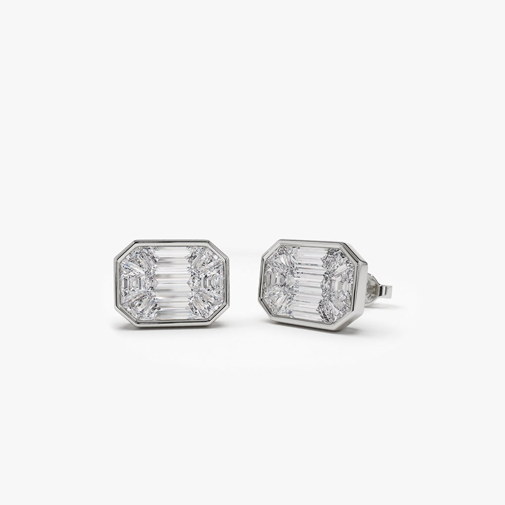OBFJ2015 - 14k Illusion Setting Step Cut Mosaic Diamond Studs 6