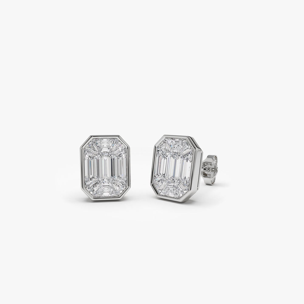 OBFJ2015 - 14k Illusion Setting Step Cut Mosaic Diamond Studs 4