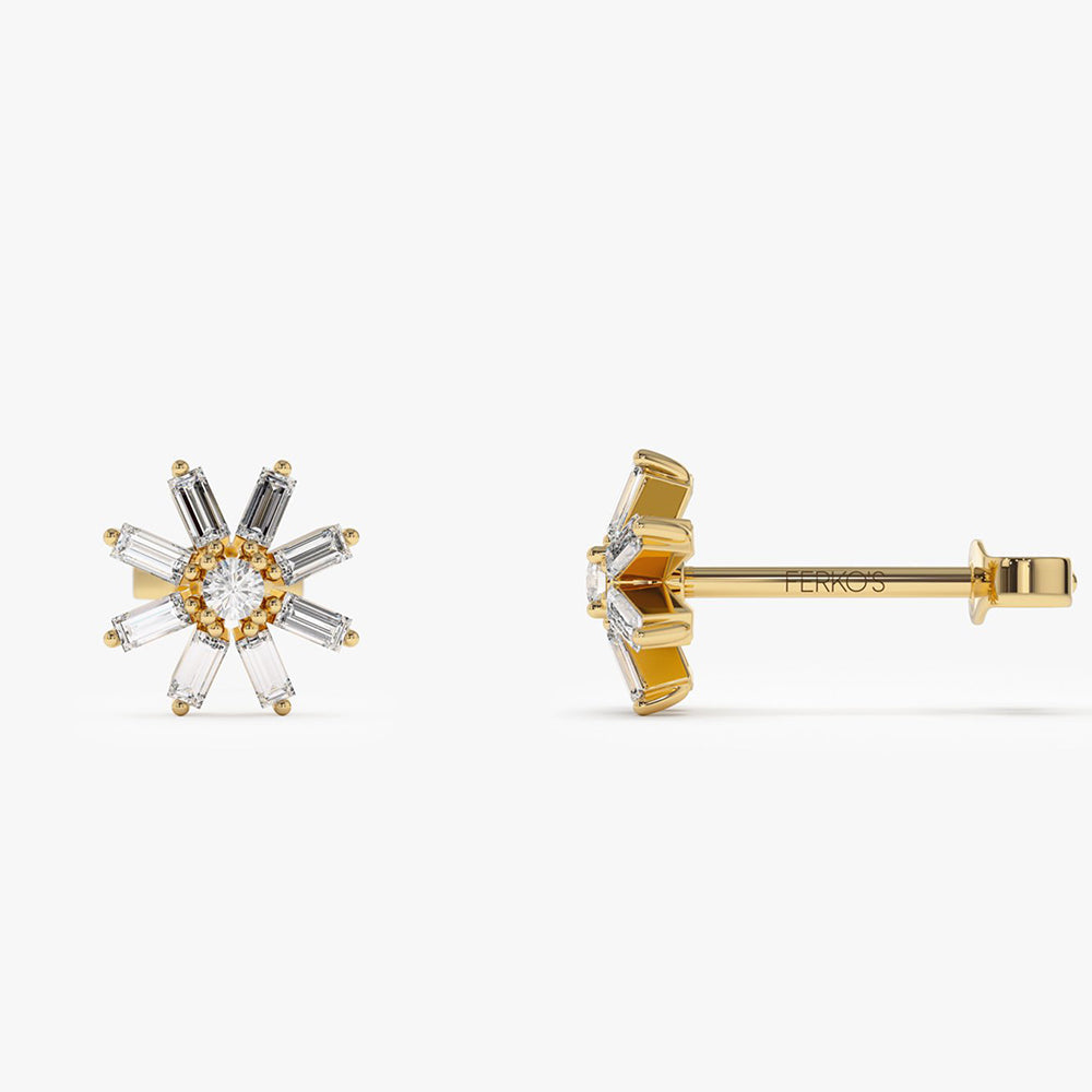 OBFJ2068 - 14k Floral Design Baguette Diamond Stud Earrings 7