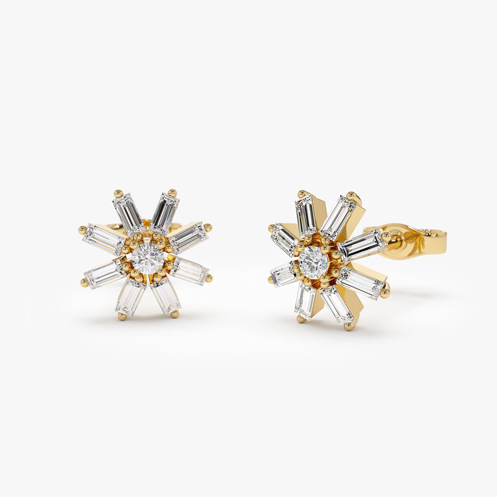 OBFJ2068 - 14k Floral Design Baguette Diamond Stud Earrings 1